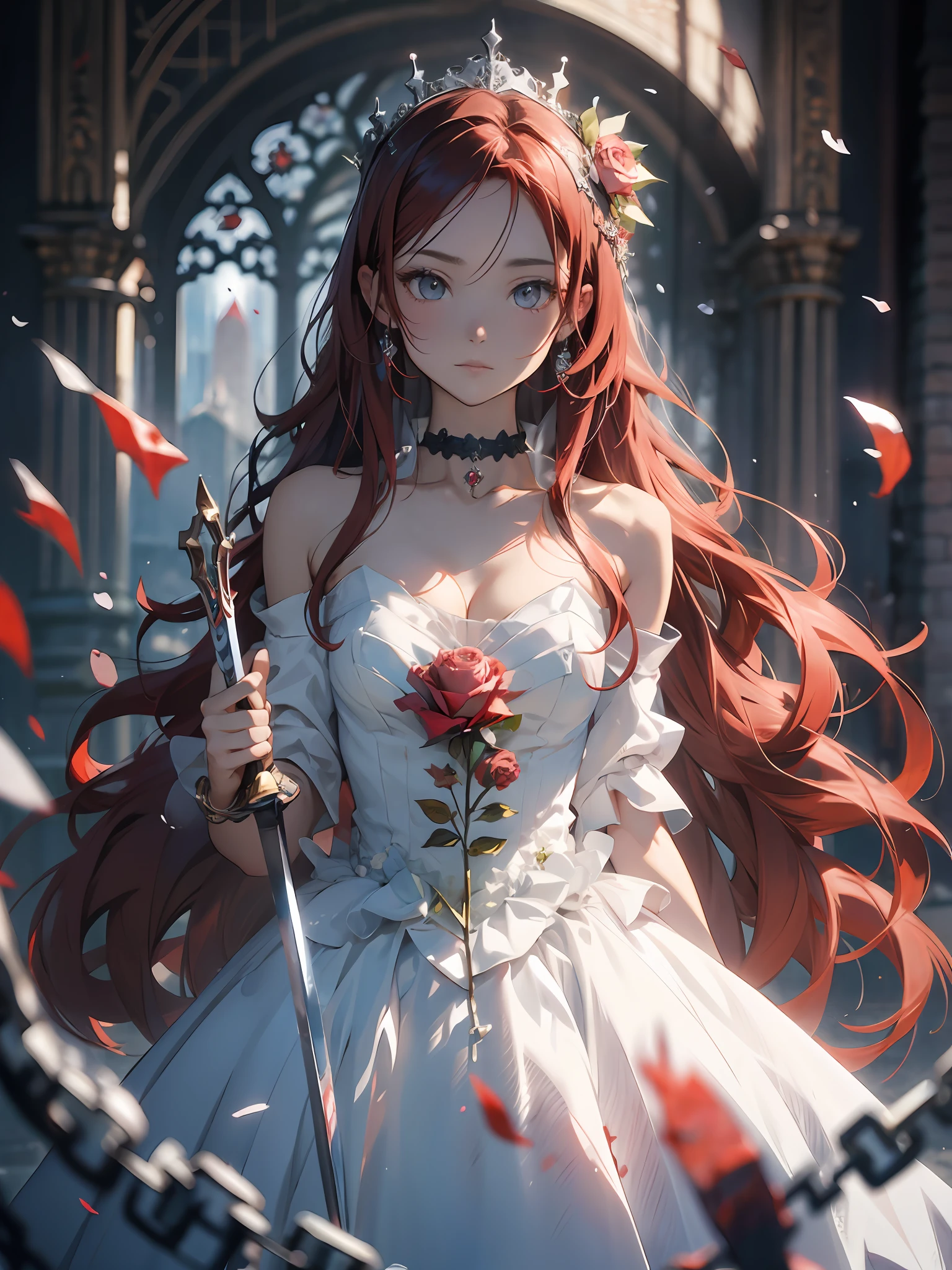 (masterpiece best quality:1.4), anime, 1girl, solo, black|red hair, long hair, white wedding dress, aiming at viewers, blurry background, blurry, jewelry, long hair, solo focus, chain, bracelet, sword, hands on hilt, weapon, standing, bare shoulders, floating rose petal, rose, blood, long dress, choker, depth of field, soft lighting,