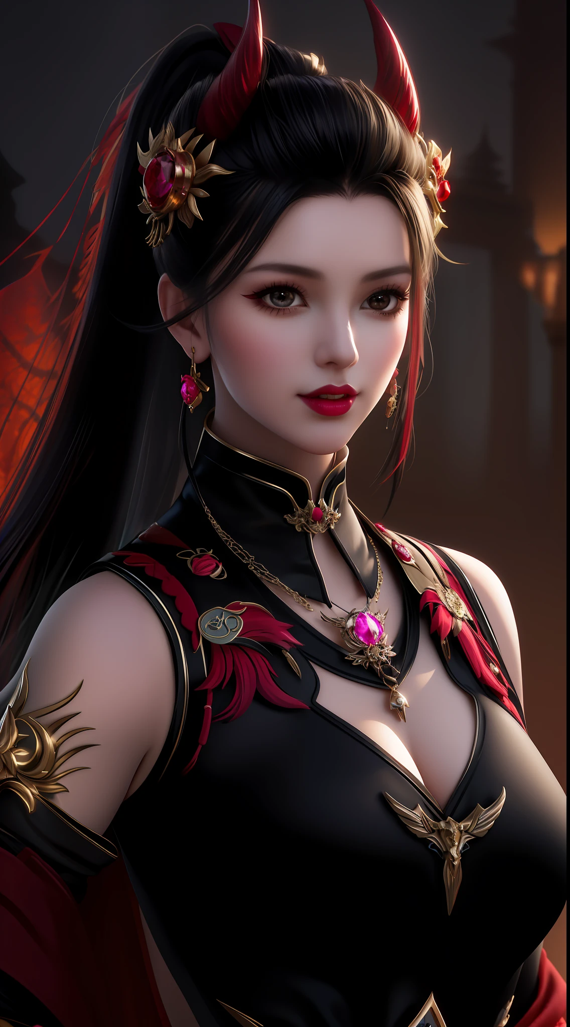 best quality, masterpiece, highres, 1girl, lingerie china armor, hair ornament, necklace, jewelry, Beautiful face, upon_body, tyndall effect, photorealistic, dark studio, rim lighting, two tone lighting, (high detailed skin:1.2), 8k uhd, dslr, soft lighting, high quality, volumetric lighting, candid, Photograph, high resolution, 4k, 8k, Bokeh, medium breasts, (light pink lips), 1 beautiful devil woman from hell, In the Dark: 1.6), surreal female portrait by David Hockney and Alphonse Mucha, fantasy art, korea doll, photorealism, dynamic lighting, artstation, poster, volumetric lighting, very detailed faces, 8k ultra, Awarded, in the dark, deep shadow, low key, cowboy lens, (Red phoenix dress: 1.4), long hair, black hair, bust, luxurious palace, Royal style, devil crown, red eyes make up very sharp and detailed, The most beautiful face, The breasts are very big and round and round, Super realistic, chinese women's clothing, polo neck sweater, Charming smile, The eyes are very well made up, guweiz, devil style, wearing black mesh socks, Ponytail with a bow tied at the back of the hair, Red black lips, Devil tattoo on shoulder, wearing a thin red and black robe, the landscape is overcast and thunderous, (Portrait), Close-up of the main character, (Background details 1.8),