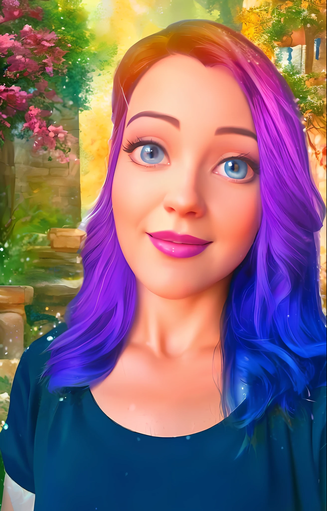 a close up of a woman with purple hair and blue eyes, she has purple hair, photorealistic disney, 4k hd. snow white hair, realistic artstyle, cartoon digital painting, art in the style of disney, disney photo realistic, purple hair portrait of woman, in style of disney animation, disney art style, with sprouting rainbow hair, realism artstyle