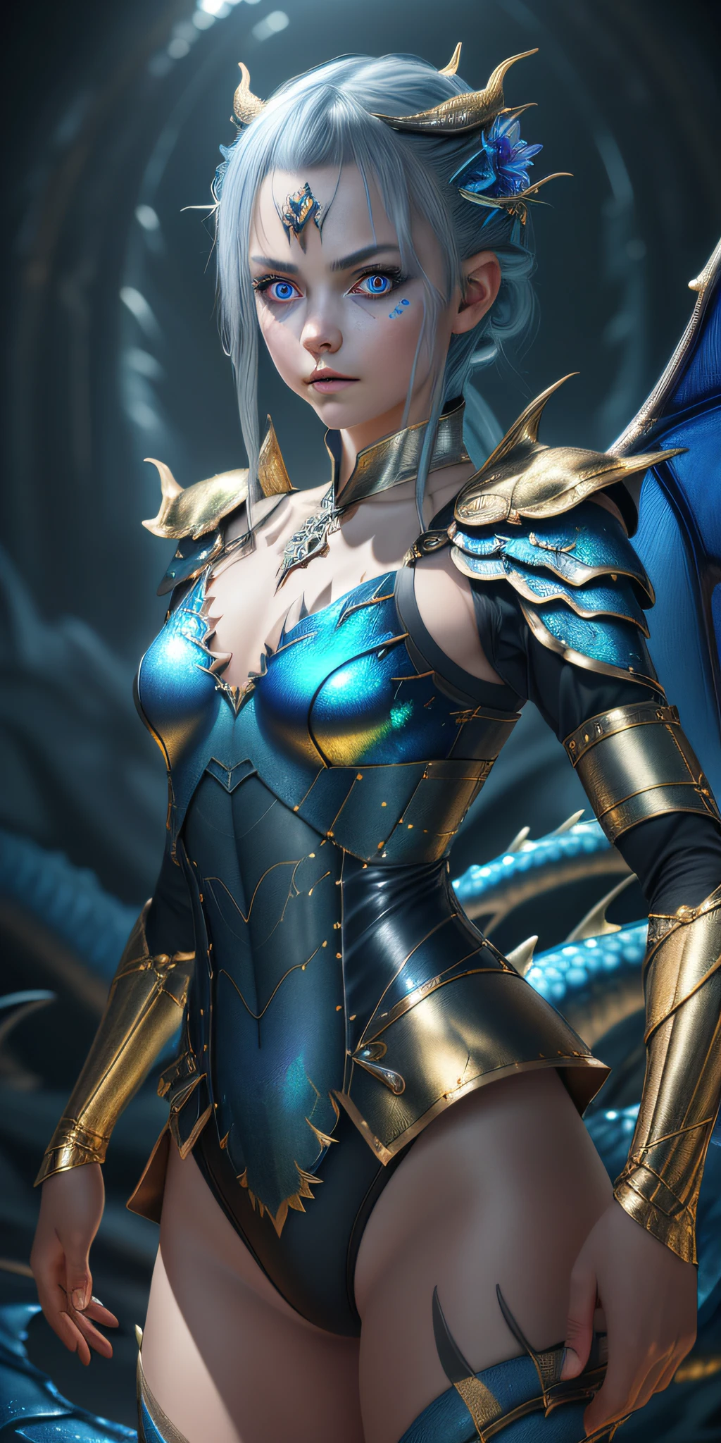 (RAW photo, realistic, photorealistic), German fairy, 1girl\(loli\) and (((metallic)) Iris blue dragon, German girl, pan, glaring dark gray background, dragon pan, slim, senxia style, cinematic lighting, accent lighting, strong rim lights, dramatic_shadow, ray_ tracing, 8k, HDR, (sexy, leotard armor)