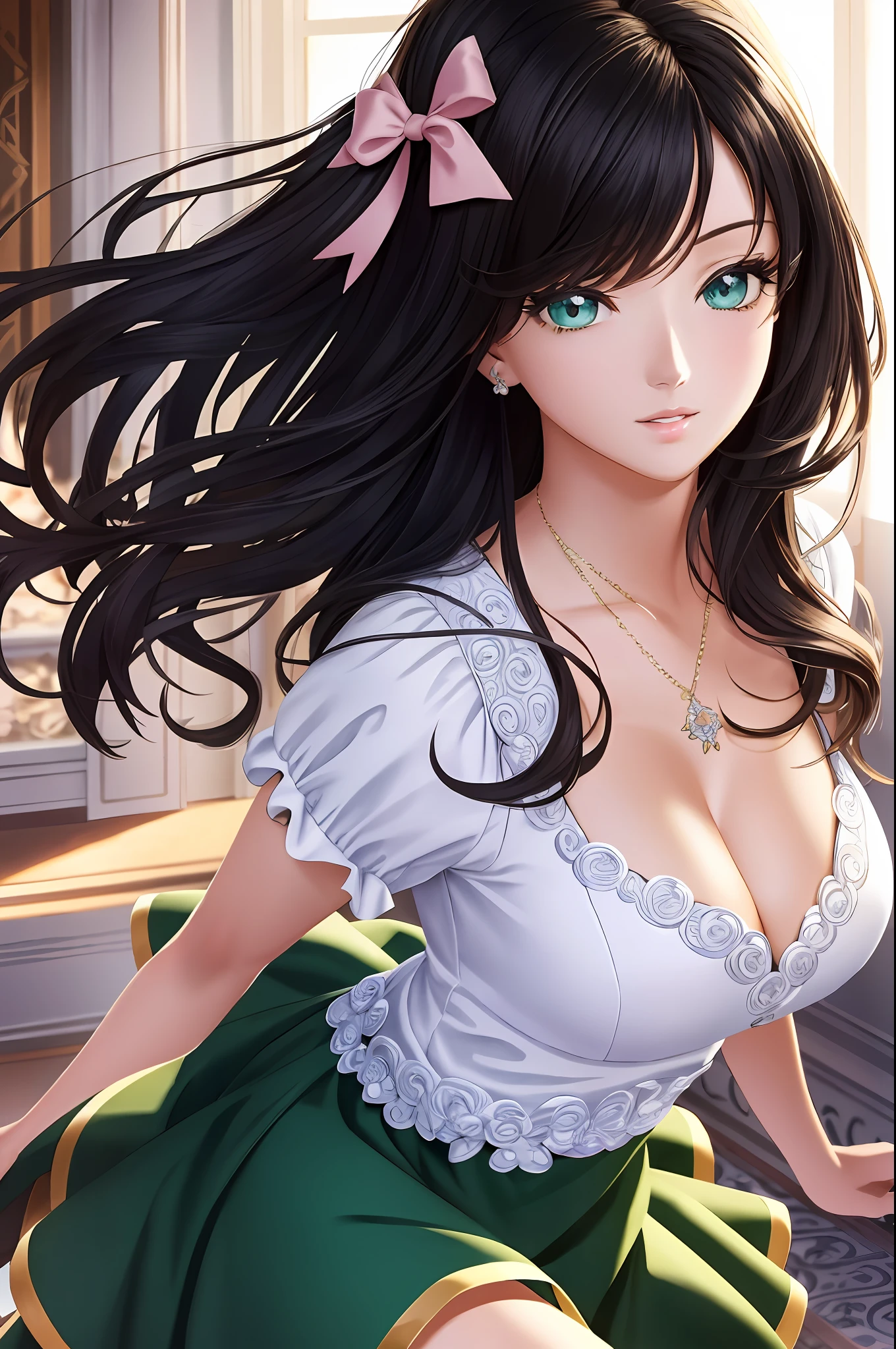 Illustration, anime style, (masterpiece, top quality, super detail, high resolution), perfect face, side lights, shiny skin, (bloom), (shine), lighting, ray tracing, 1girl, solo, black hair, green beautiful eyes, summer short sleeve dress, hair bow, pink skirt, bow, pink bow, lips, upper body, curly, chest, parted lips, jewelry, depth_of_field, Very detailed background, very detailed background, masterpiece, super detail, great composition,dynamic angle,[bottle bottom],(wide shot), very delicate and beautiful,(best quality), (master work), depth of field, solo, extreme light and shadow, masterpiece, rich in detail, (fine features), (best quality), (masterpiece), (detail), (beautiful) detail, Beautiful Detail Eye,(Straight On), Upper Body,(Very Detail CG Unity 8k wallpaper),(Masterpiece), (Best Quality), (Super Detail)(Best Illustration)(Best Shadow),Perfect Lighting,Perfect Anatomy