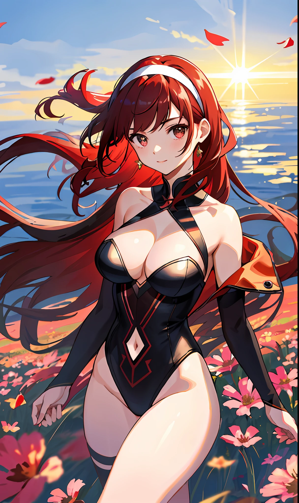((masterpiece, best quality)), (1girl),((mature female)), red hair, hairband, bangs, long hair, two piece strapless suit, micro suit, __location__, leotard, , black hairband, shoulder cutout, black thitying hair,curvy,cleavage,confident, ((flying petal)),(Flowery meadow), sunlight, sun, evening,, (evening theme:1.3), light, fantasy,