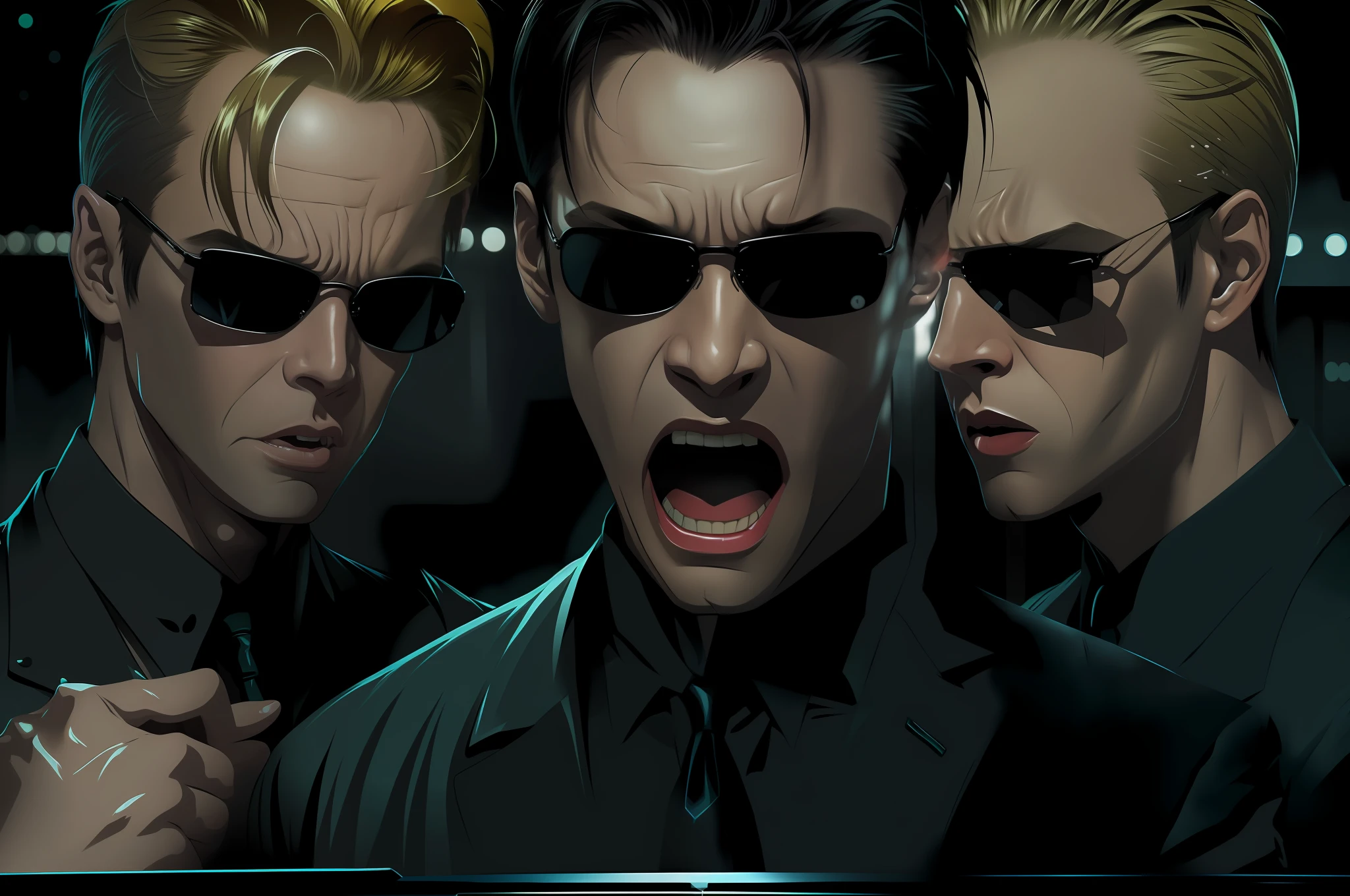 ((best quality)), ((masterpiece)), (detailed) fan art of (neo from the matix) face (((screaming))), ((neo from matrix face)) screaming, keanu reaves, the matrix (1999), sunglasses, night, 80mm, ((western animation)), (neo the matrix (1999)), (short hair), (tokyo street nights), (((screaming)))