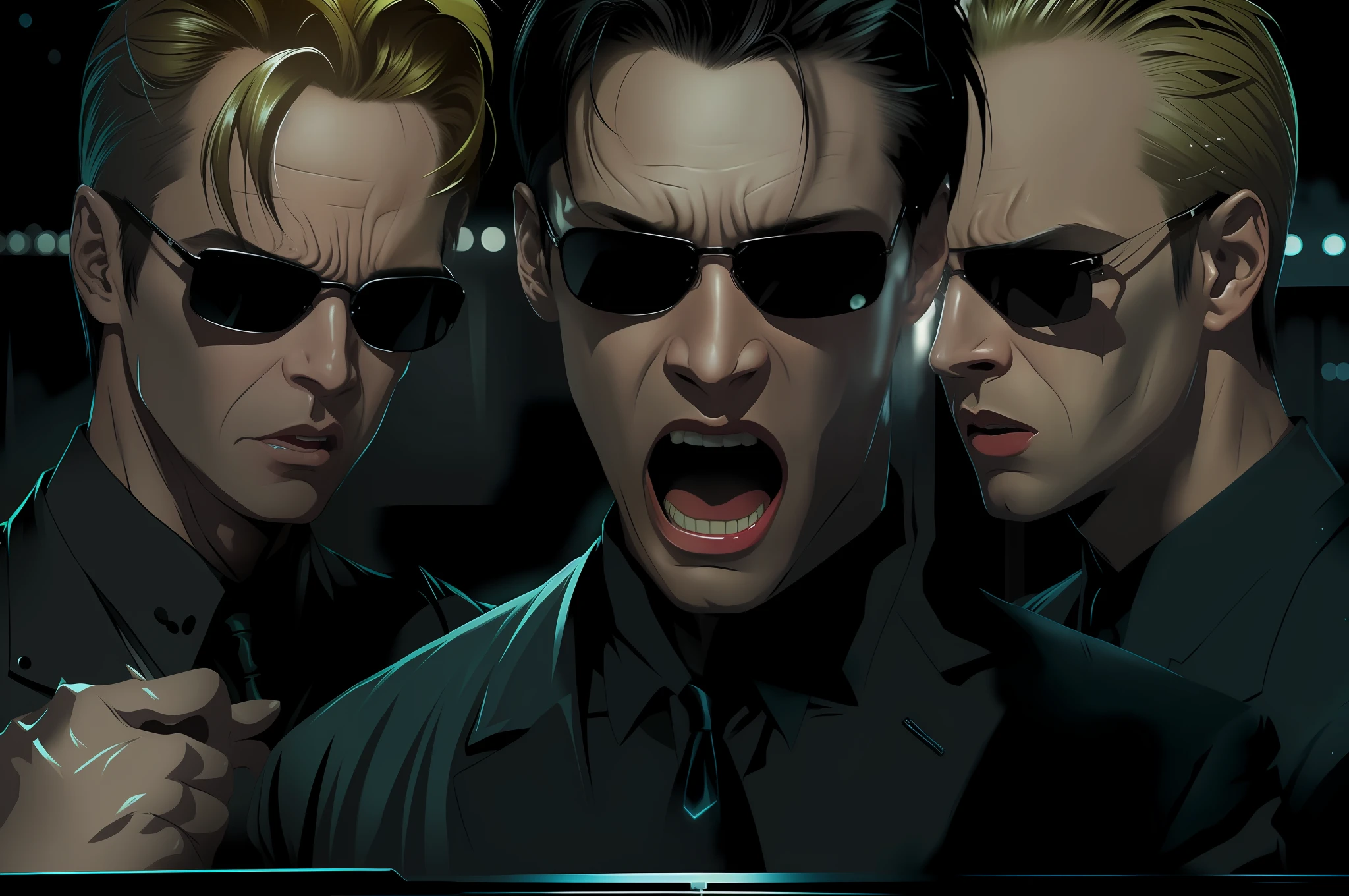 ((best quality)), ((masterpiece)), (detailed) fan art of (neo from the matix) face (((screaming))), ((neo from matrix face)) screaming, keanu reaves, the matrix (1999), sunglasses, night, 80mm, ((western animation)), (neo the matrix (1999)), (short hair), (tokyo street nights), (((screaming)))