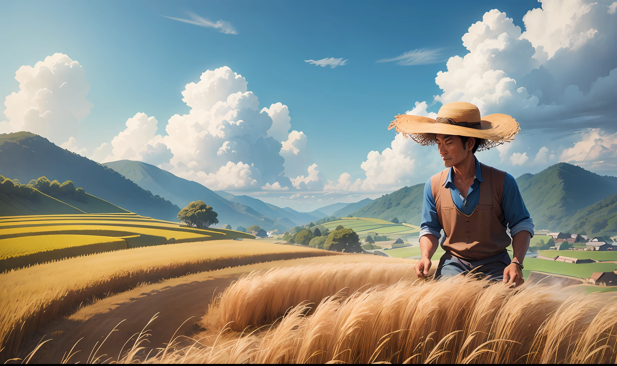 Beautiful countryside, uncle in straw hat, ripe paddy, autumn, hillside, rice field, farmers are harvesting rice, blue sky, white clouds, super high detail, ray tracing. --auto --s2