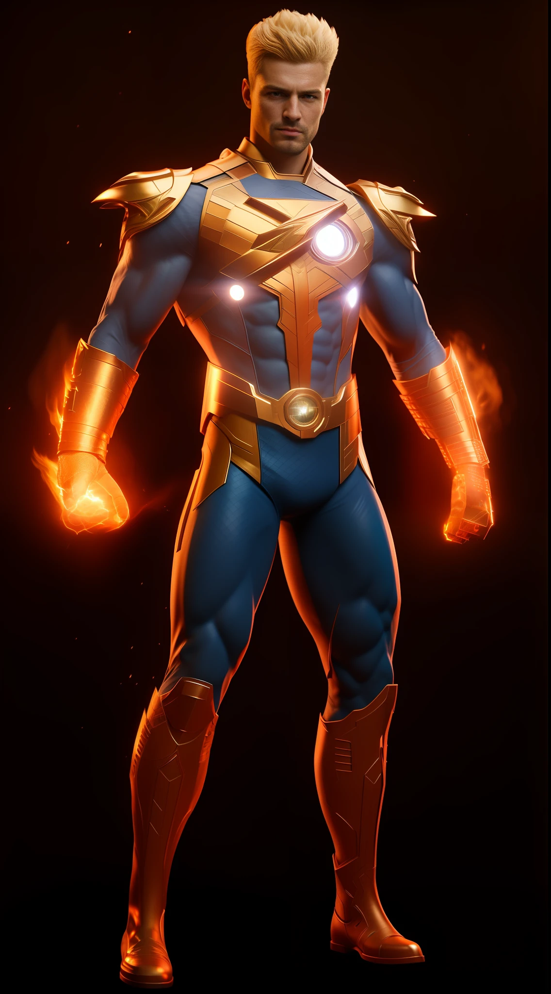 1 burly male Caucasian hero, realistic drawing, DC and Marvel crossover, homeland security and human torch fusion, standing, full length, black background, blue and a little red homeland security officer costume, gold metal belt and metal shoulder armor in the shape of an eagle's head, head of the human torch, the chest of the human torch has a large circle plus three small circles connected into an energy device, glowing eyes, muscular physique, blood vessel ejection, extremely ultra-aesthetic intricate details, clear focus, captivating lighting, Artstation Trend, Fine Clothes, Cinematic Lighting, Unreal Engine, Octane Rendering, Full Body Lens, HDR, Unreal Engine 5, Octane Rendering, Cinematic, 32k, Natural Light, Ray Traced Global Illumination, Digital Enhancement, Photorealistic Realism, Hyper Detail, VFX, High Fidelity, Expressive, Dynamic Pose, Cinematic Look, Highly Rendered, High Detail, Cinestill 800T, Sharp Focus, Intricate Detail, Crazy Detail, Allah Pressing, High Detail, Volume Lighting, Zoom Out, Action Pose, Sharp Focus, Dramatic Lighting, Center, Post-Processing, Color Grading, Redshift Rendering, Ray Tracing, Epic, High Detail, Flash, 16k --s 2