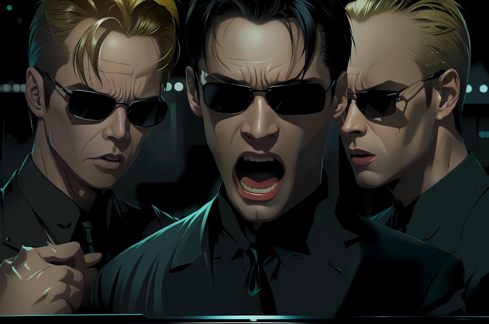 ((best quality)), ((masterpiece)), (detailed) fan art of (neo from the matix) face (((screaming))), ((neo from matrix face)) screaming, keanu reaves, the matrix (1999), sunglasses, night, 80mm, ((western animation)), (neo the matrix (1999)), (short hair), (tokyo street nights), (((screaming)))