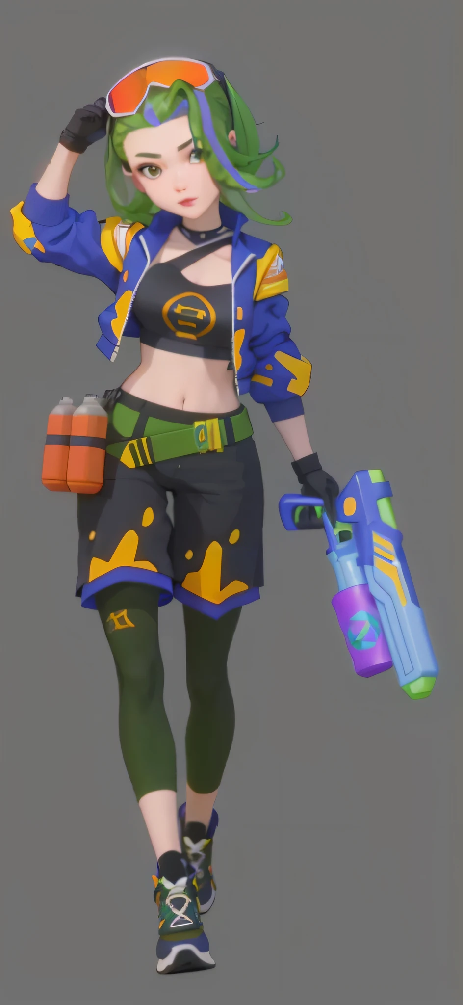 ((Best Quality)), ((Masterpiece)), (Detail: 1.4), 3D, A Beautiful Modern Functional Costume Female Figure, Sport Jacket, Sports Shorts, Water Gun in Hand, HDR (High Dynamic Range), Ray Tracing, NVIDIA RTX, Super-Resolution, Unreal 5, Subsurface Scattering, PBR Texture, Post-processing, Anisotropy Filtering, Depth of Field, Maximum Sharpness and Sharpness, Multi-layer Texture, Albedo and Highlight Maps , Surface Coloring, Accurate Simulation of Light-Material Interactions, Perfect Proportions, Octane Render, Two-color Light, Large Aperture, Low ISO, White Balance, Rule of Thirds, 8K RAW,