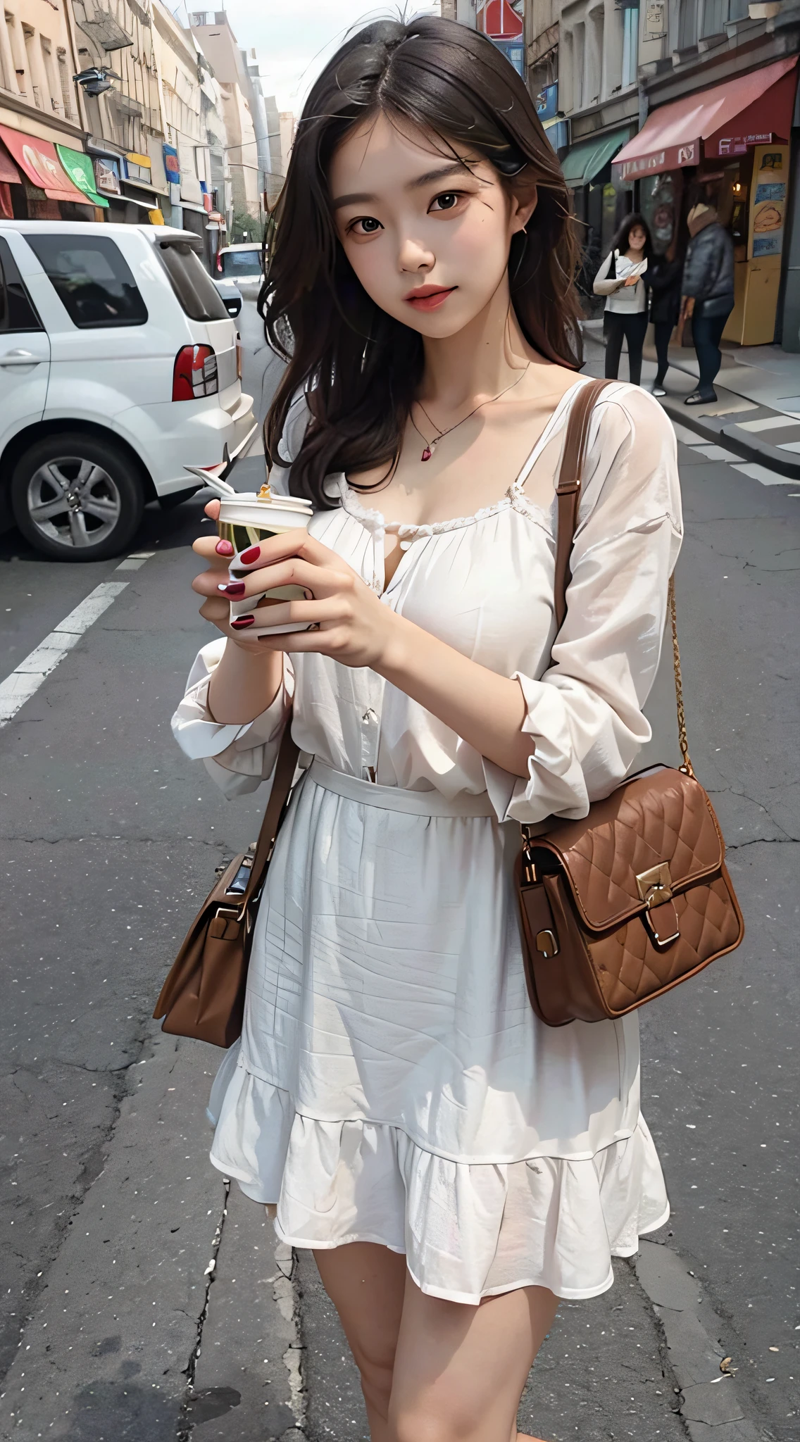 Beautiful woman, fiddling with her mobile phone in the middle of the street, holding milk tea