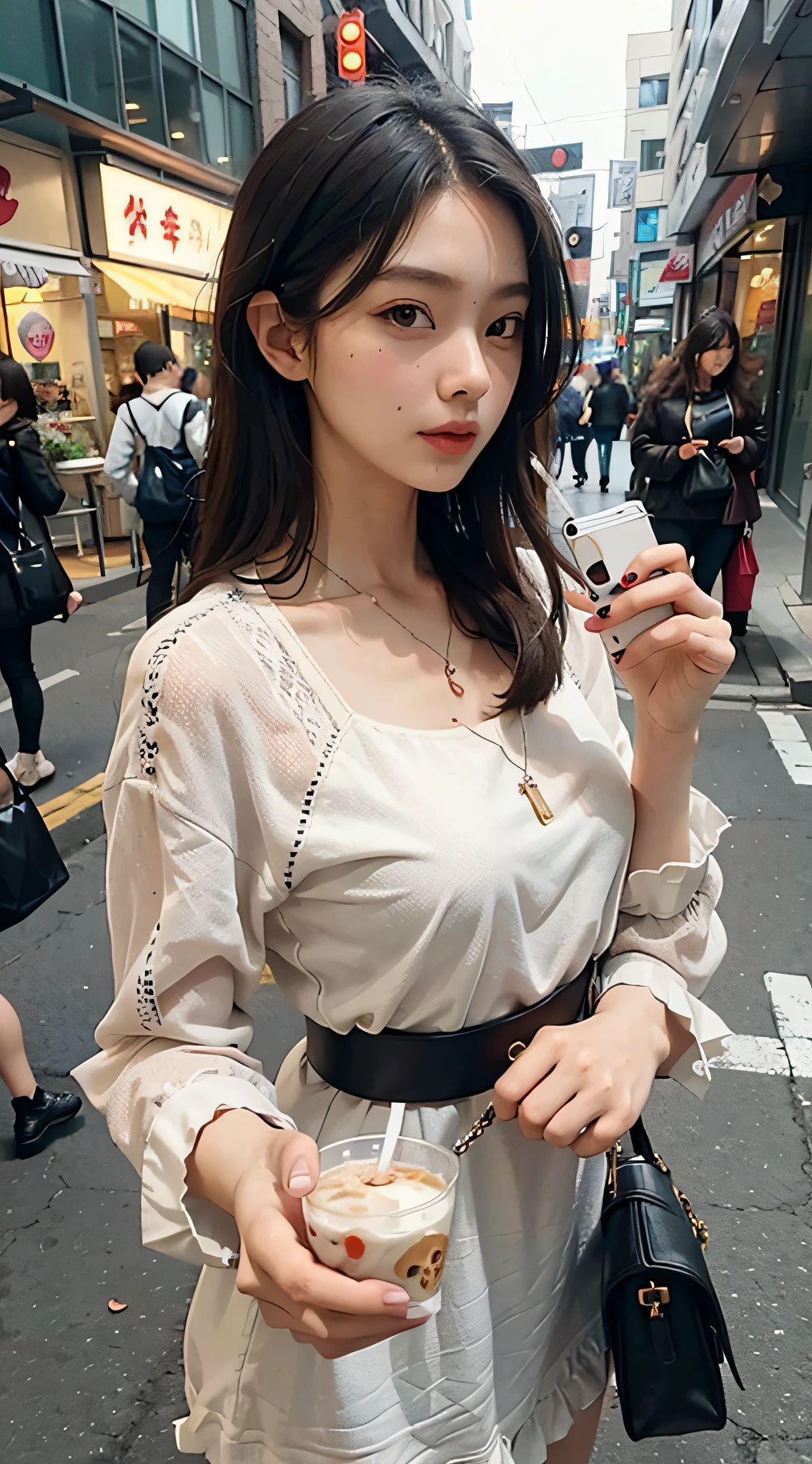 Beautiful woman, fiddling with her mobile phone in the middle of the street, holding milk tea