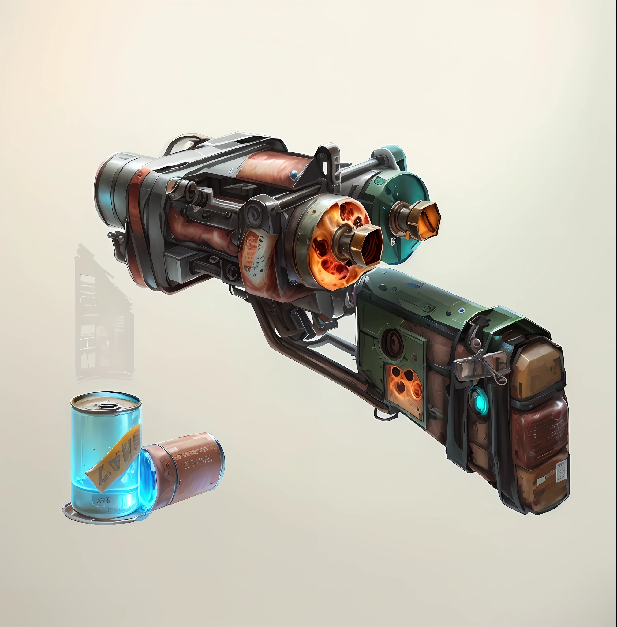 there is a drawing of a gun with a barrel and a can of soda, realistic gun design, weapon design, hearthstone weapon art, pistol and bazooka, futuristic gun, by Trevor Brown, full color illustration, prop design, beautiful surreal pistol, weapon concept art, by jeonseok lee, concept art, concept art, gun art reference, coilgun, BioPunkAI
