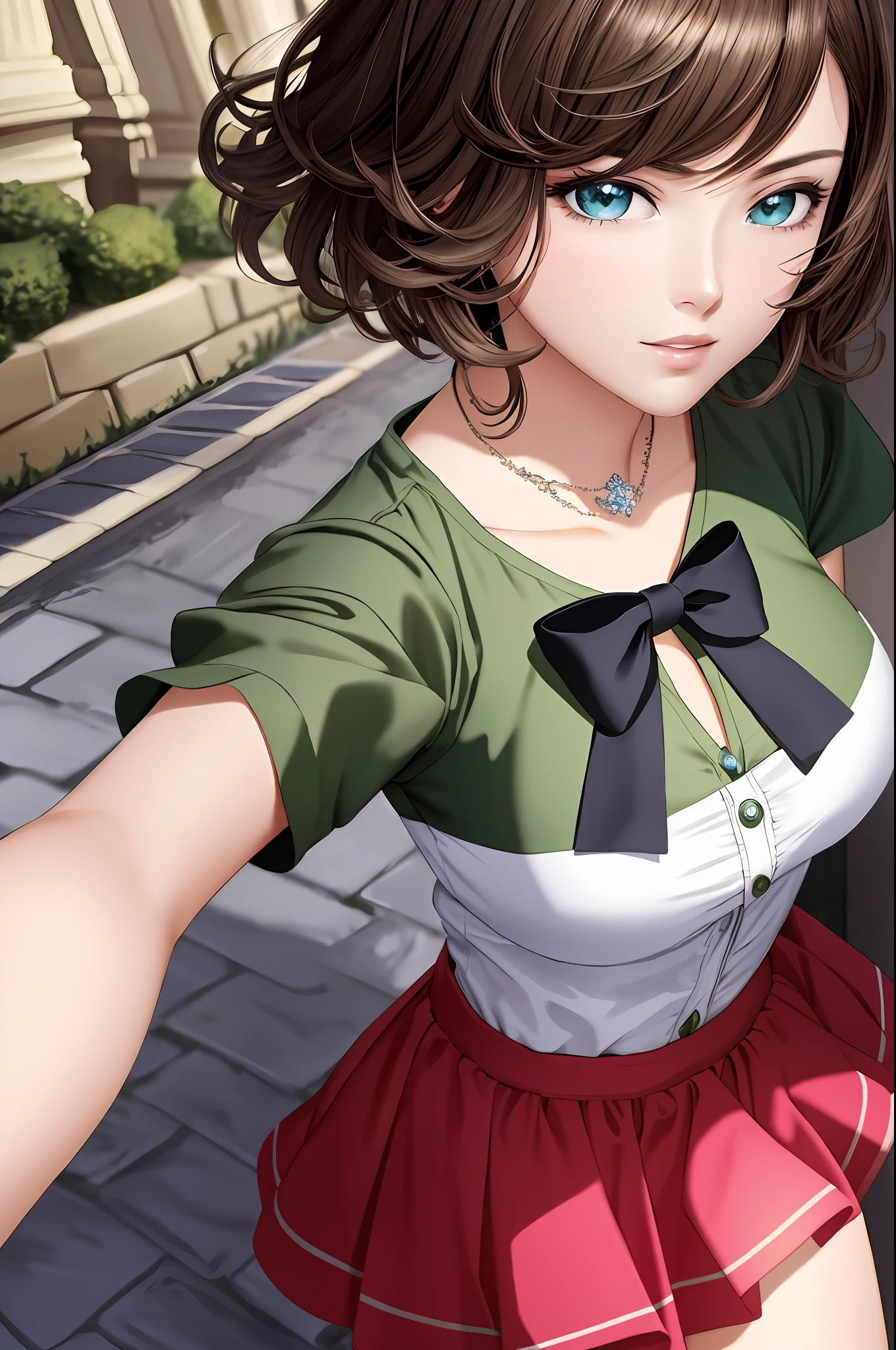Illustration, anime style, (masterpiece, top quality, super detail, high resolution), perfect face, side lights, shiny skin, (bloom), (shine), lighting, ray tracing, 1girl, solo, short hair of black color, beautiful eyes of green, summer short sleeves, hair bow, pink skirt, bow, pink bow, lips, upper body, curly hair, chest, parted lips, jewelry, depth_of_field, Very detailed background, very detailed background, masterpiece, super detail, great composition,dynamic angle,[bottle bottom],(wide shot), very delicate and beautiful,(best quality), (master work), depth of field, solo, extreme light and shadow, masterpiece, rich in detail, (fine features), (best quality), (masterpiece), (detail), (beautiful) detail, Beautiful Detail Eye,(Straight On), Upper Body,(Very Detail CG Unity 8k wallpaper),(Masterpiece), (Best Quality), (Super Detail)(Best Illustration)(Best Shadow),Perfect Lighting,Perfect Anatomy