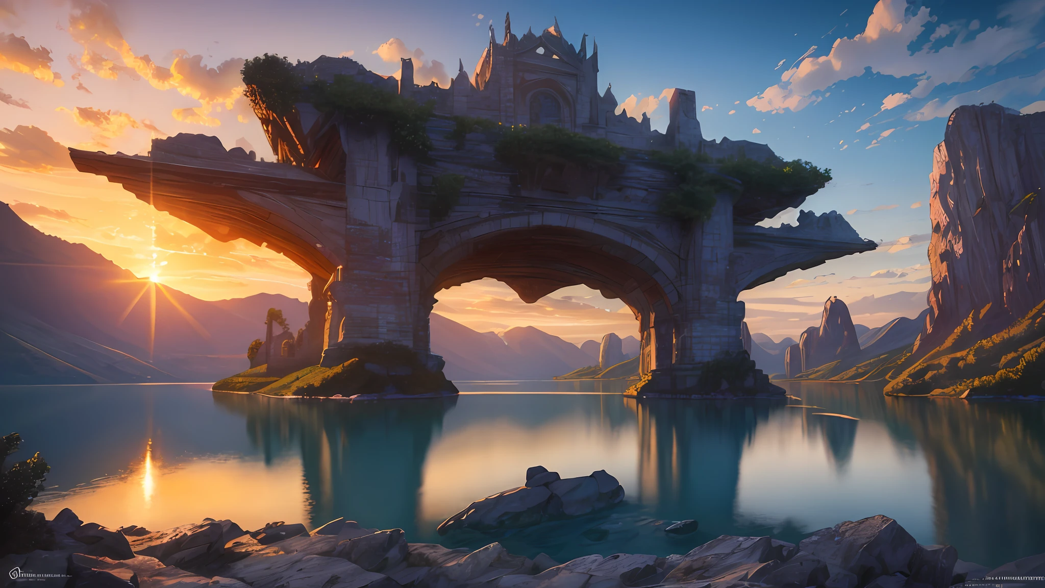 (masterpiece, best quality:1.2), ultra detailed, cinematic lighting, HDR, ilustration,  sunrise, lake, impressive, chill, inspirational,