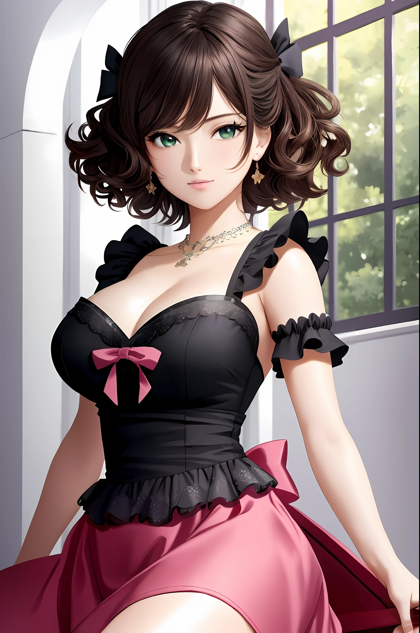 Illustration, anime style, (masterpiece, top quality, super detail, high resolution), perfect face, side lights, shiny skin, (bloom), (shine), lighting, ray tracing, 1girl, solo, short hair of black color, beautiful eyes of green, summer short sleeves, hair bow, pink skirt, bow, pink bow, lips, upper body, curly hair, chest, parted lips, jewelry, depth_of_field, Very detailed background, very detailed background, masterpiece, super detail, great composition,dynamic angle,[bottle bottom],(wide shot), very delicate and beautiful,(best quality), (master work), depth of field, solo, extreme light and shadow, masterpiece, rich in detail, (fine features), (best quality), (masterpiece), (detail), (beautiful) detail, Beautiful Detail Eye,(Straight On), Upper Body,(Very Detail CG Unity 8k wallpaper),(Masterpiece), (Best Quality), (Super Detail)(Best Illustration)(Best Shadow),Perfect Lighting,Perfect Anatomy