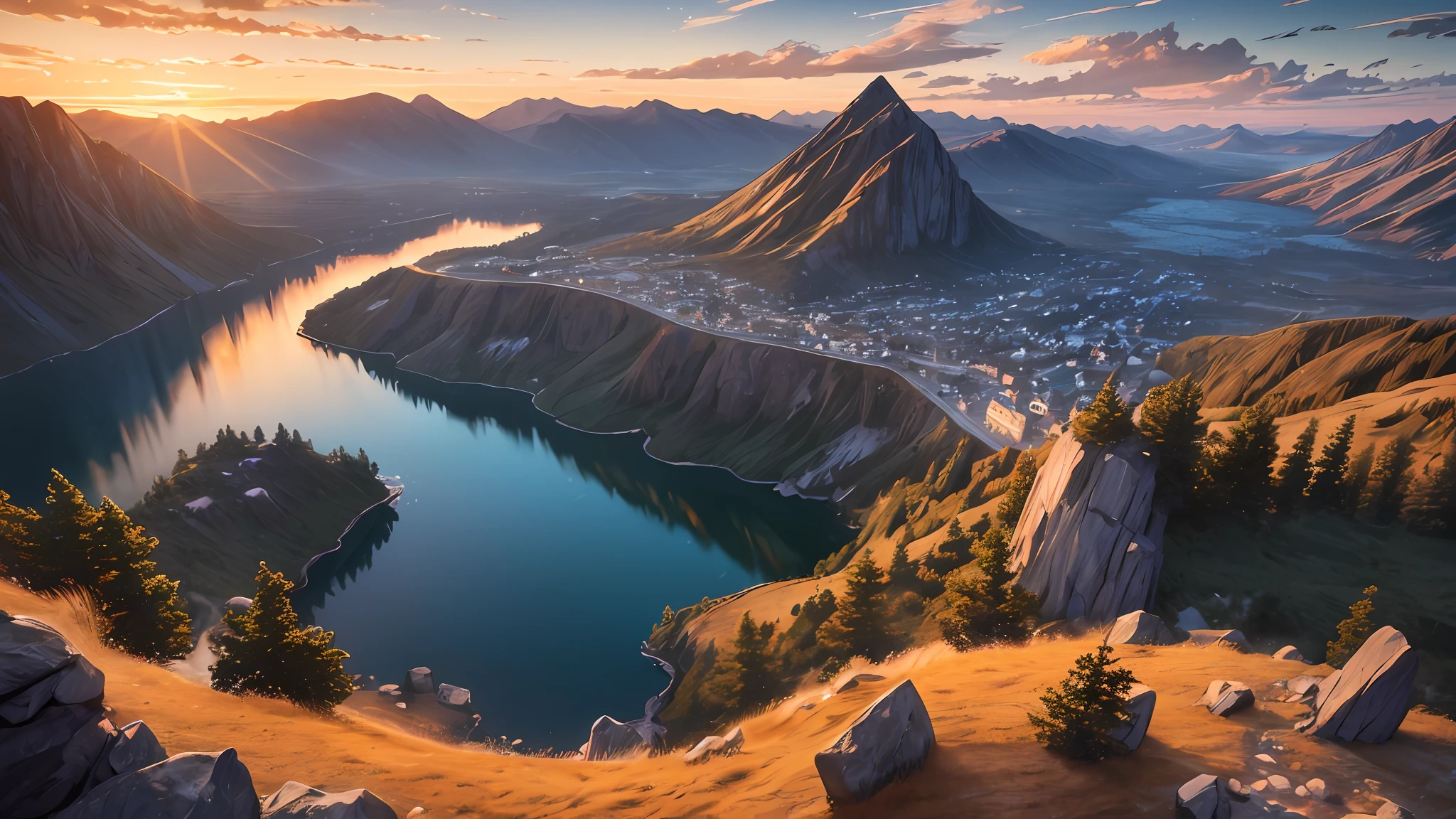 (masterpiece, best quality:1.2), ultra detailed, cinematic lighting, HDR, ilustration,  sunrise, lake, impressive, chill, inspirational,
