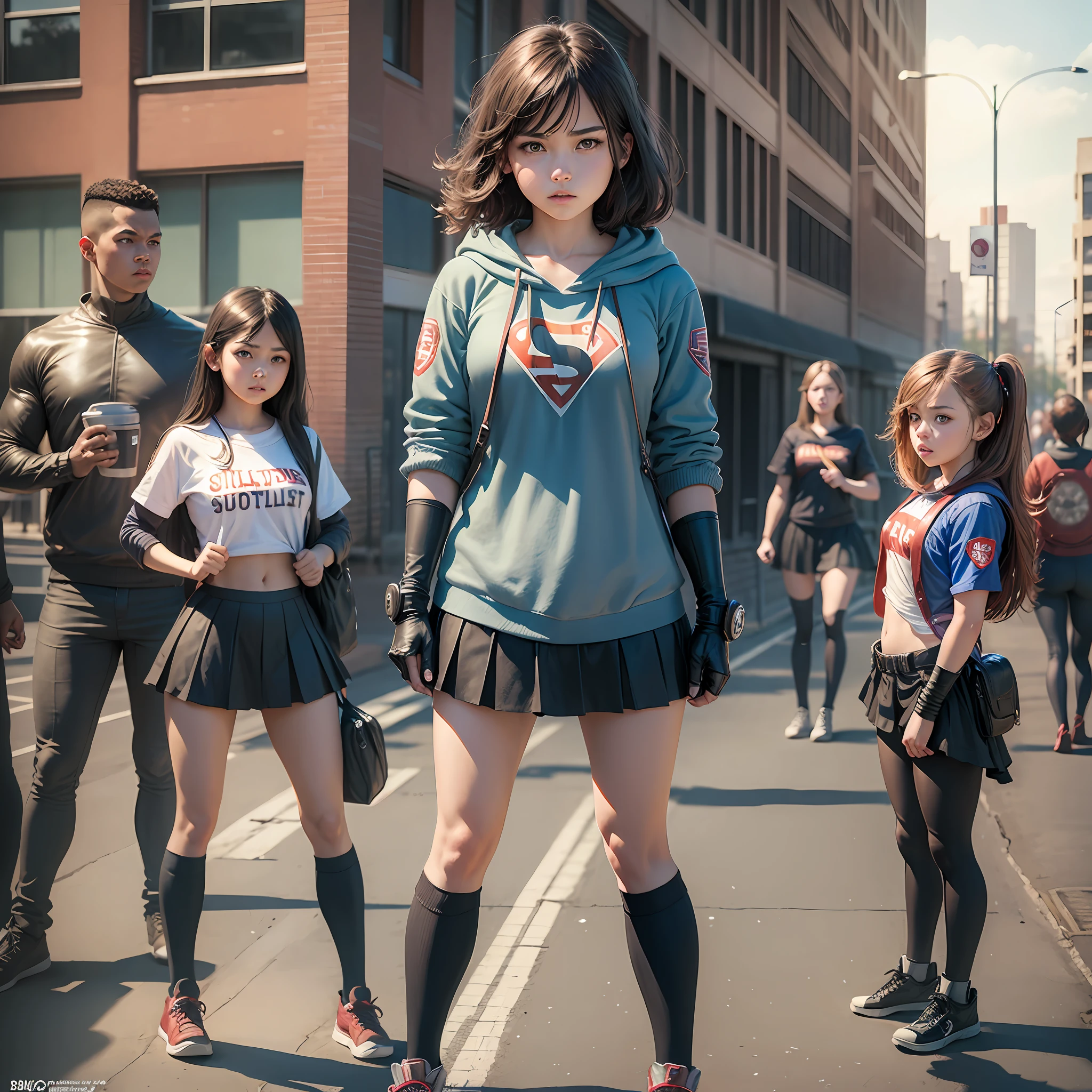 realistic photo young girl with superpowers kiks the bullies outside school --auto --s2