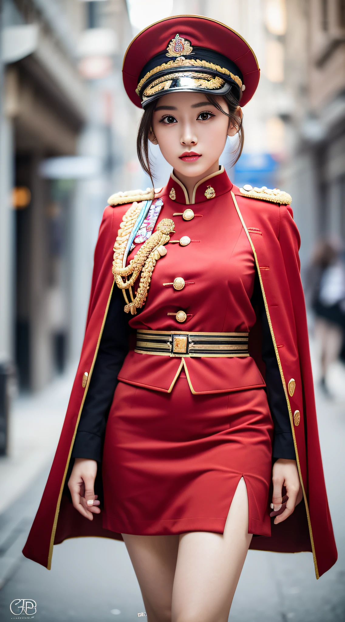 ((Realistic lighting, Masterpiece: 1.3)), (raw photo:1.2), Hyperrealist portrait Beautiful Chinese girl, 20 years old, ((pale skin: 1.6)), beautiful eyes, very detailed eyes and face, (full real formal crimson red military uniform), (military cap), ((high rank)), military cape, charming serious face, natural makeup: 1.2, (military standing pose), chignon hair style, Best quality, 8K, professional photography, (full body), street background