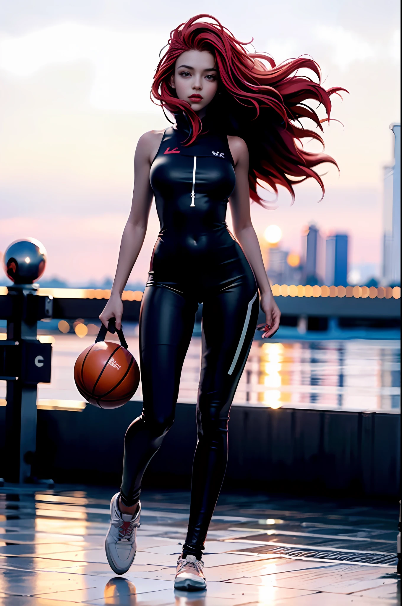 (8k, best quality, masterpiece: 1.2), (realistic, realistic: 1.37), super detailed, best quality, super high resolution, basketball court, depth of field, clear focus, sunlight, good composition, (bokeh: 1.2) 1girl, solo, (full body), (mouth closed), beautiful and detailed eyes, posture, narrow waist, basketball suit, red hair, messy hair, long hair fluttering in the wind