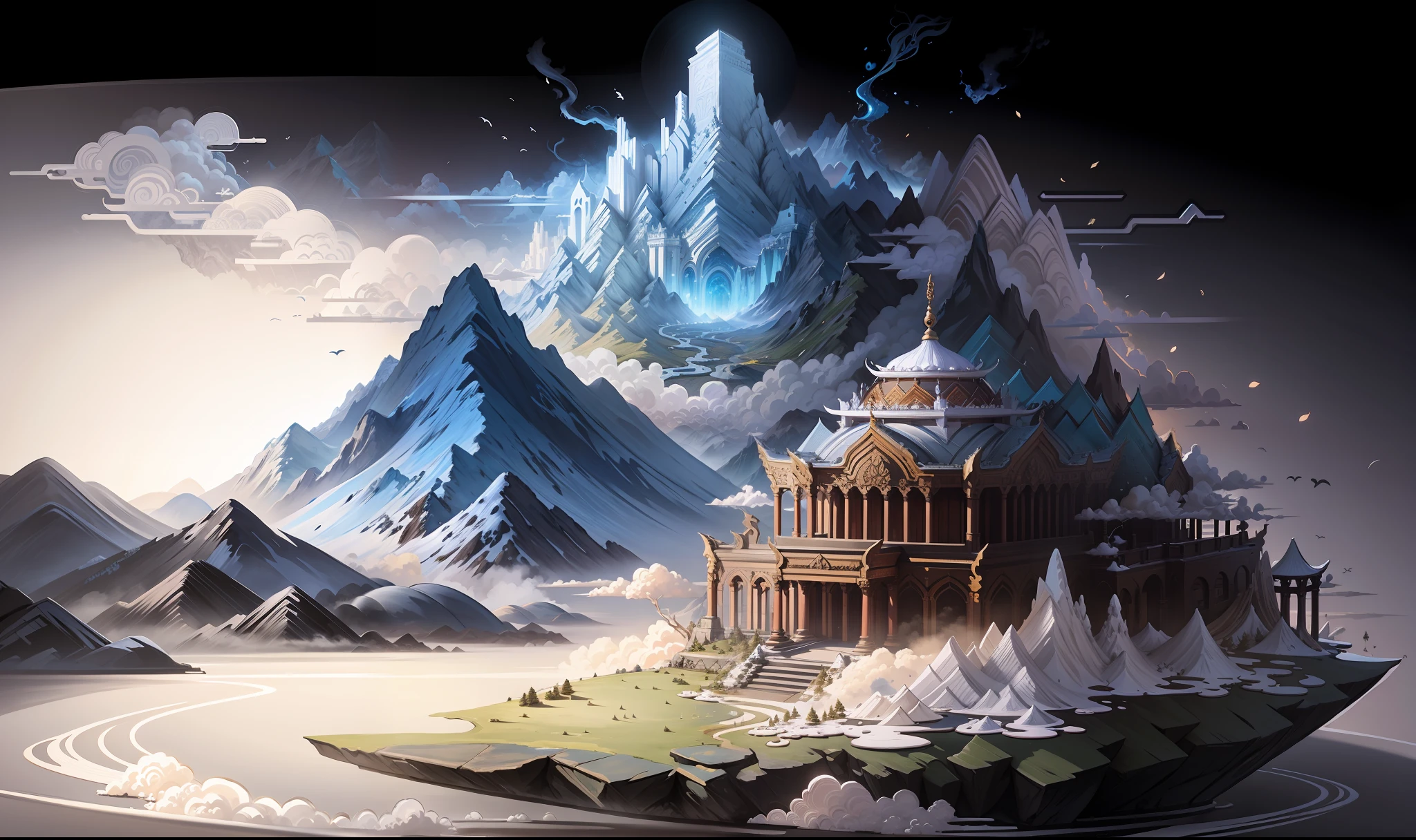 Magnificent ancient architecture, mountain top, mountains, river, auspicious clouds, sunlight, white background, masterpiece, super detail, epic composition, ultra hd, high quality, extremely detailed, official art, unified 8k wallpaper, super detail, 32k -- v 6