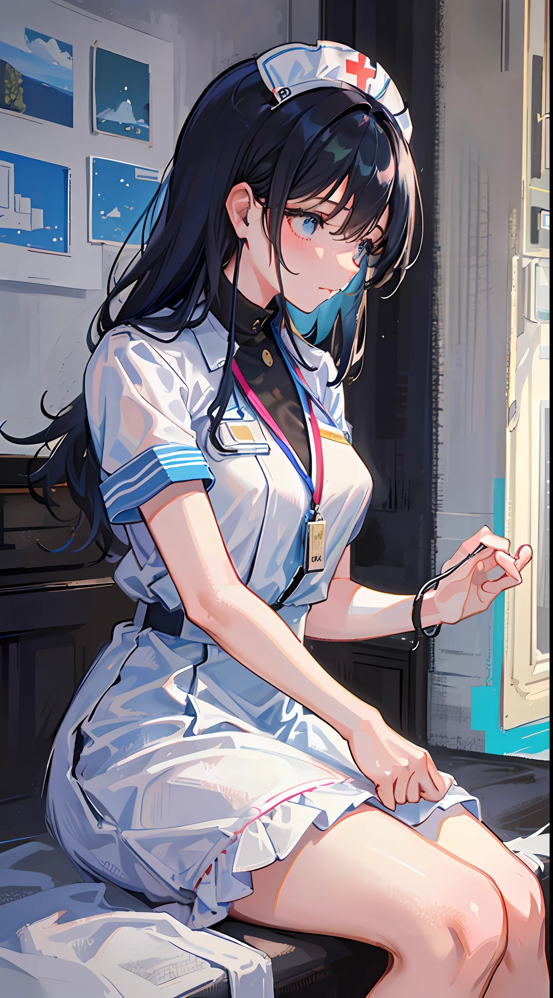 The girl was wearing a white nurse's outfit and was sitting on the bed holding a man. She held a thick medical record in her hand and carefully flipped through it. The light blue curtains were gently blown by the breeze, casting a soft glow. The girl's face showed a hint of anxiety and exhaustion, but still revealed a sense of determination and concentration. On the wall behind her hangs a landscape painting of magnificent mountains and turquoise grasslands. The painting not only brightens the room, but also makes the girl feel a sense of serenity and comfort. Her gaze gradually became firm, and she seemed to be full of confidence and courage. Even though she is in the hospital, she is still working hard and contributing her to provide the best care for her patients. This girl showed the duties and mission of a nurse with her practical actions.