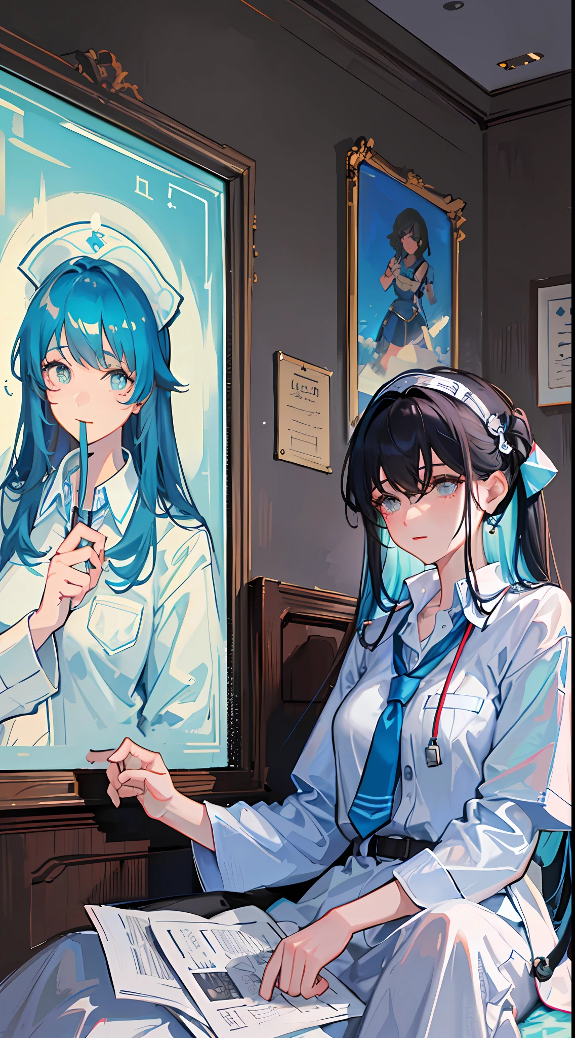 The girl was wearing a white nurse's outfit and was sitting on the bed holding a man. She held a thick medical record in her hand and carefully flipped through it. The light blue curtains were gently blown by the breeze, casting a soft glow. The girl's face showed a hint of anxiety and exhaustion, but still revealed a sense of determination and concentration. On the wall behind her hangs a landscape painting of magnificent mountains and turquoise grasslands. The painting not only brightens the room, but also makes the girl feel a sense of serenity and comfort. Her gaze gradually became firm, and she seemed to be full of confidence and courage. Even though she is in the hospital, she is still working hard and contributing her to provide the best care for her patients. This girl showed the duties and mission of a nurse with her practical actions.