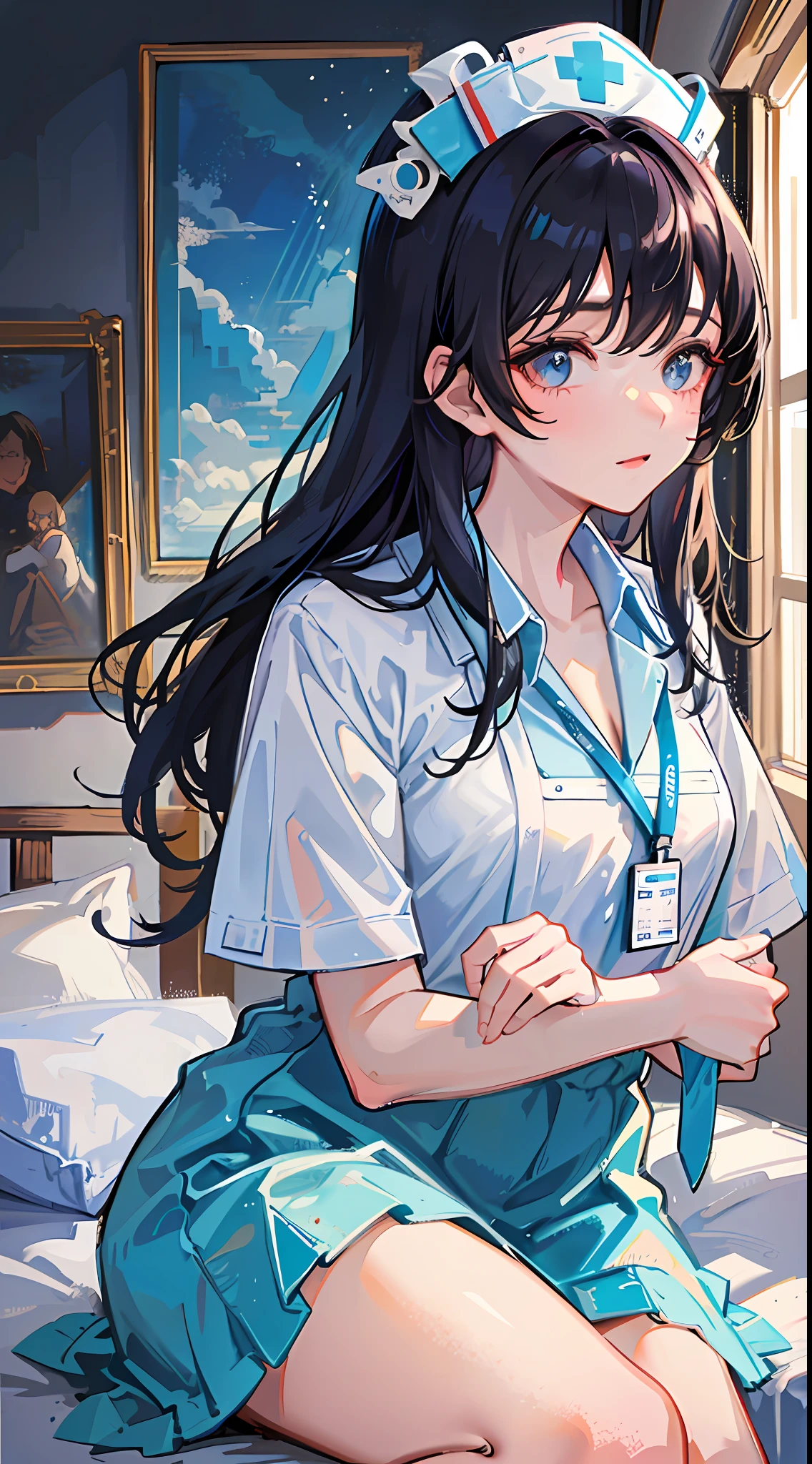 The girl was wearing a white nurse's outfit and was sitting on the bed holding a man. She held a thick medical record in her hand and carefully flipped through it. The light blue curtains were gently blown by the breeze, casting a soft glow. The girl's face showed a hint of anxiety and exhaustion, but still revealed a sense of determination and concentration. On the wall behind her hangs a landscape painting of magnificent mountains and turquoise grasslands. The painting not only brightens the room, but also makes the girl feel a sense of serenity and comfort. Her gaze gradually became firm, and she seemed to be full of confidence and courage. Even though she is in the hospital, she is still working hard and contributing her to provide the best care for her patients. This girl showed the duties and mission of a nurse with her practical actions.