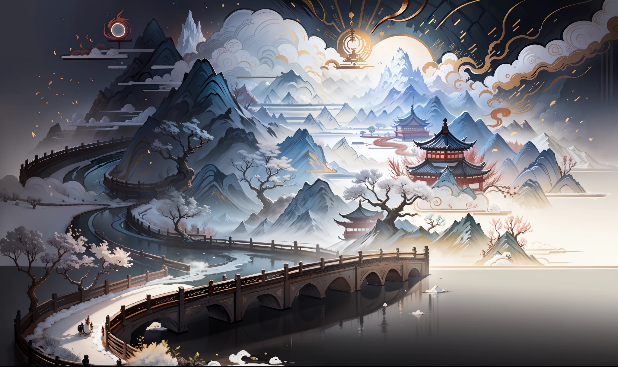 Ancient Chinese scenery, mountains, rivers, auspicious clouds, sunshine, white background, masterpiece, super detail, epic composition, Ultra HD, high quality, extremely detailed, official art, unified 8k wallpaper, Super detail, 32k -- v 6