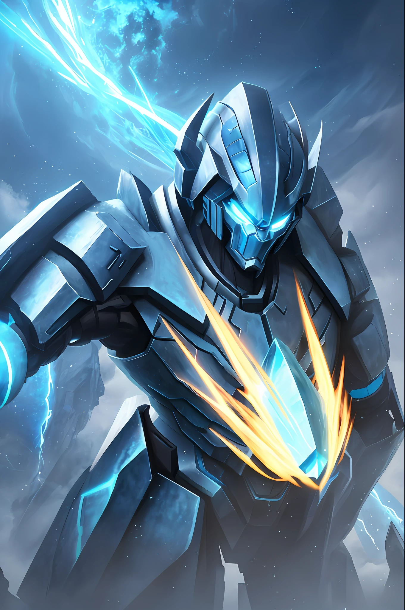 a close up of a giant robot with a glowing blue light, 4k fantasy art, 8k fantasy art, concept art wallpaper 4k, frost giant, epic fantasy sci fi illustration, epic fantasy digital art style, high quality digital concept art, epic digital concept art, this character has cryokinesis, epic fantasy digital art, 8k hd concept art