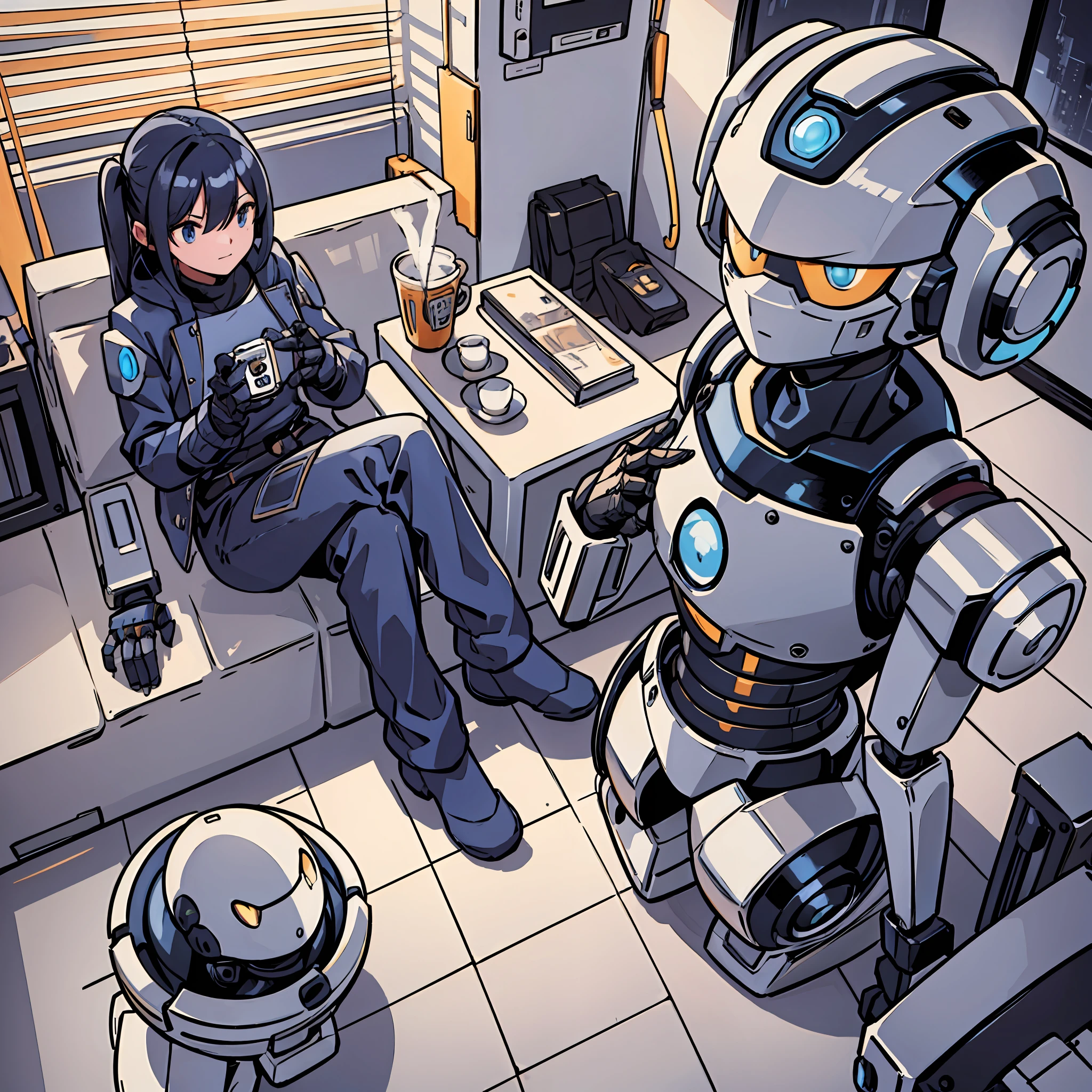 Scene: A cozy, modern setting, possibly a living room or a casual office space. There's an open space in the center for the characters, surrounded by comfortable couches, a coffee table, and some contemporary art pieces on the walls.
Characters: A human and a robot are in the center of the room. The human could be dressed casually, looking relaxed and comfortable. The robot is humanoid in design, with a sleek, modern look, but still clearly mechanical and not trying to mimic human appearance too closely.
Action: Both characters are seated on the couches, facing each other. They are engaged in a lively conversation. The human could be gesturing as if explaining something, while the robot nods or makes an appropriate gesture in response.
Detail: Make sure the interaction feels natural and friendly, with both characters exhibiting body language that suggests openness and interest in the conversation. You can emphasize this with the human leaning forward, hands open, and the robot's screen or face showing a friendly emoticon or expression.
Perspective: The scene could be viewed from a slightly elevated perspective, as if from the viewpoint of someone else in the room, to add a sense of depth and space. --auto --s2