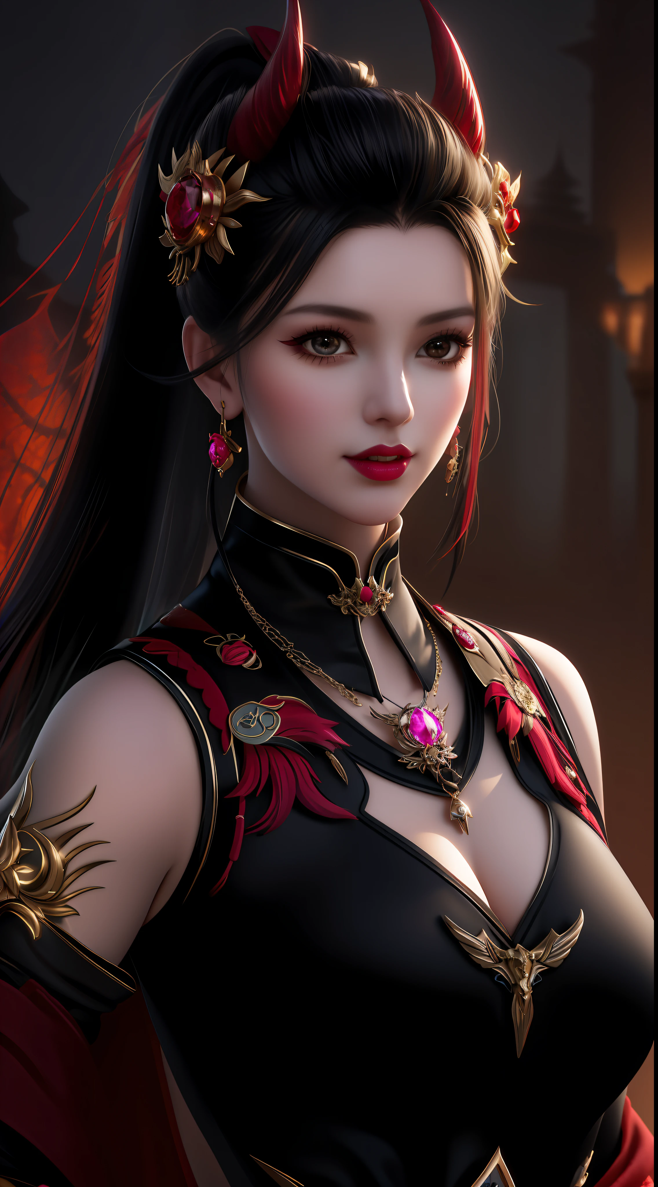 best quality, masterpiece, highres, 1girl, lingerie china armor, hair ornament, necklace, jewelry, Beautiful face, upon_body, tyndall effect, photorealistic, dark studio, rim lighting, two tone lighting, (high detailed skin:1.2), 8k uhd, dslr, soft lighting, high quality, volumetric lighting, candid, Photograph, high resolution, 4k, 8k, Bokeh, medium breasts, (light pink lips), 1 beautiful devil woman from hell, In the Dark: 1.6), surreal female portrait by David Hockney and Alphonse Mucha, fantasy art, korea doll, photorealism, dynamic lighting, artstation, poster, volumetric lighting, very detailed faces, 8k ultra, Awarded, in the dark, deep shadow, low key, cowboy lens, (Red phoenix dress: 1.4), long hair, black hair, bust, luxurious palace, Royal style, devil crown, red eyes make up very sharp and detailed, The most beautiful face, The breasts are very big and round and round, Super realistic, chinese women's clothing, polo neck sweater, Charming smile, The eyes are very well made up, guweiz, devil style, wearing black mesh socks, Ponytail with a bow tied at the back of the hair, Red black lips, Devil tattoo on shoulder, wearing a thin red and black robe, the landscape is overcast and thunderous, (Portrait), Close-up of the main character, (Background details 1.8),