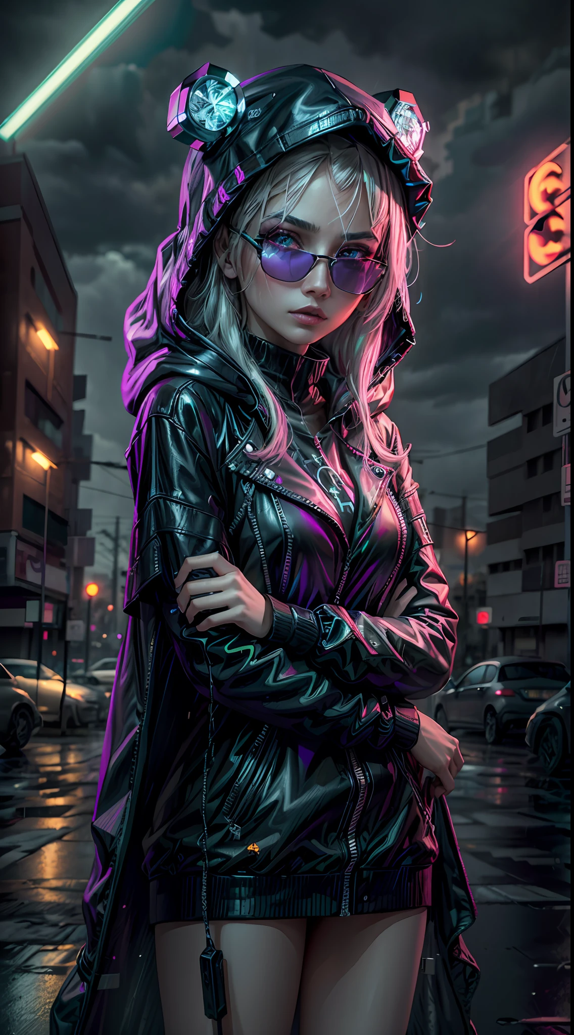 ((Best Quality)), ((Masterpiece)), (Very Detailed: 1.3), 3D, NeonNoir, Beautiful Cyberpunk Woman, (With Sunglasses: 1.2), (Diamond-shaped Pupils: 1.2), Wearing Long Hood Cloak, (Wearing Hood: 1), Purple Neon on Monitor, Colorful Neon Sign on Wall, Fluorescent, (White Emitting: 1.1), Contemptuous Eyes, Standing on the Street, Sony Master Shot, Heavy Rain, There is lightning in the distance