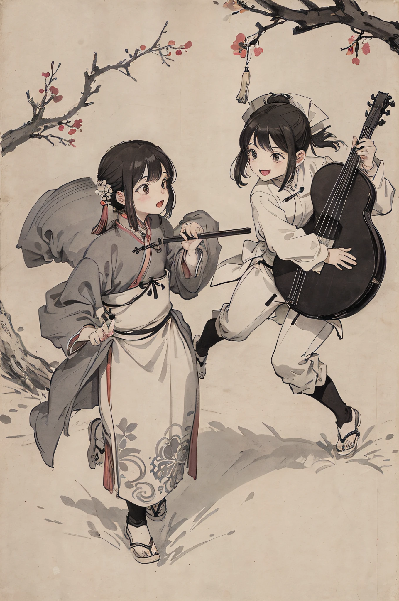 (Masterpiece, best quality: 1.2), traditional Chinese ink painting, a child, pipa