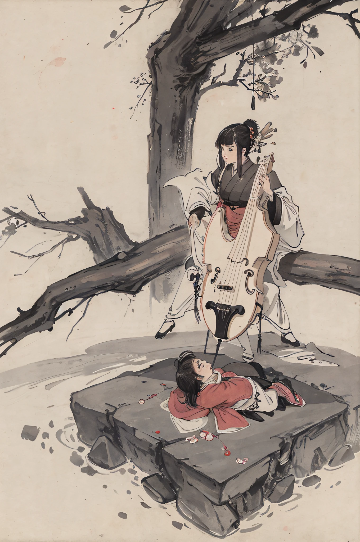 (Masterpiece, best quality: 1.2), traditional Chinese ink painting, a child, pipa
