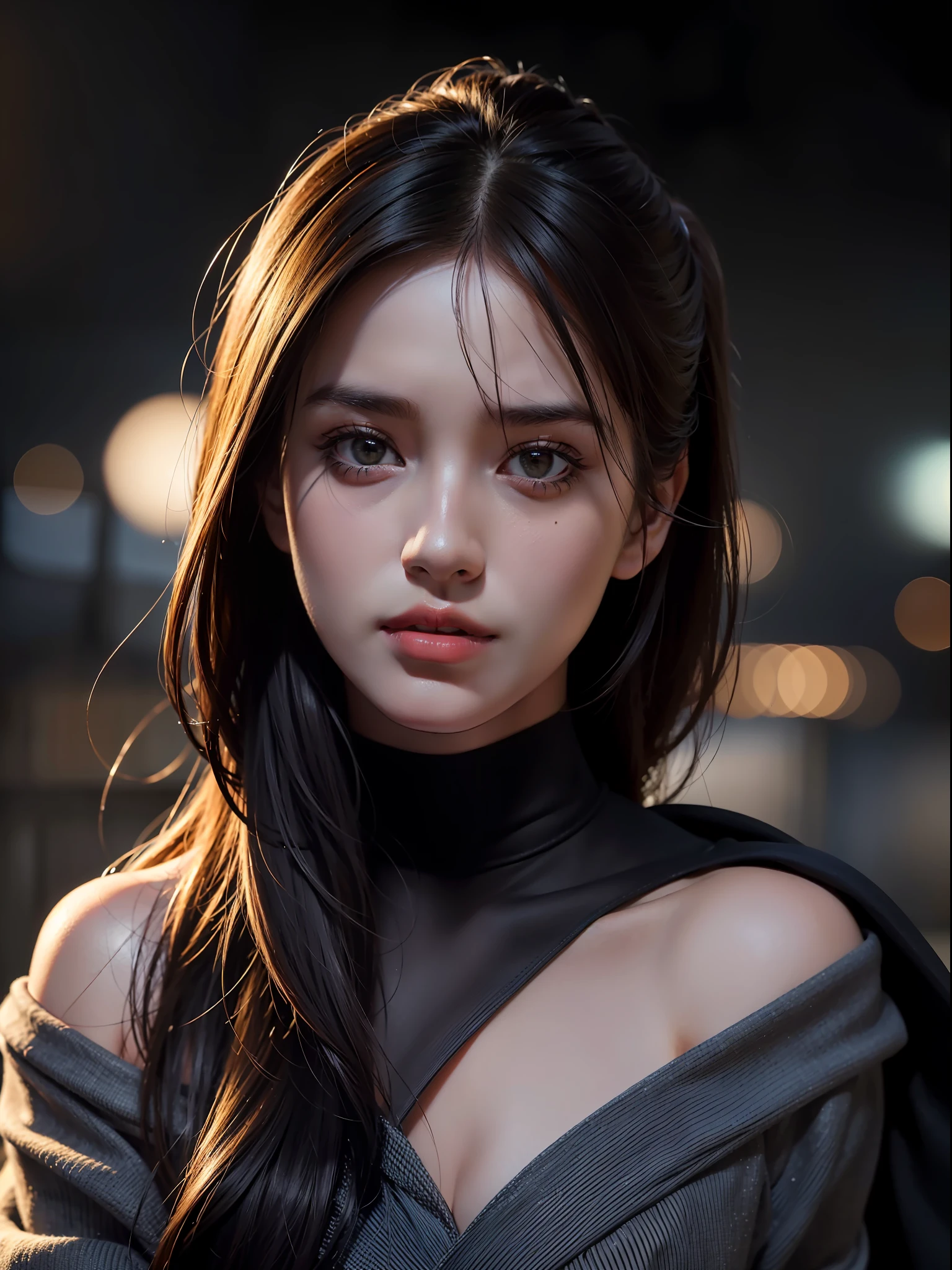 Best quality, masterpiece, ultra high res, (photorealistic:1.4), raw photo, 1girl, offshoulder, in the dark, deep shadow, low key, cold light, at a busy traffic