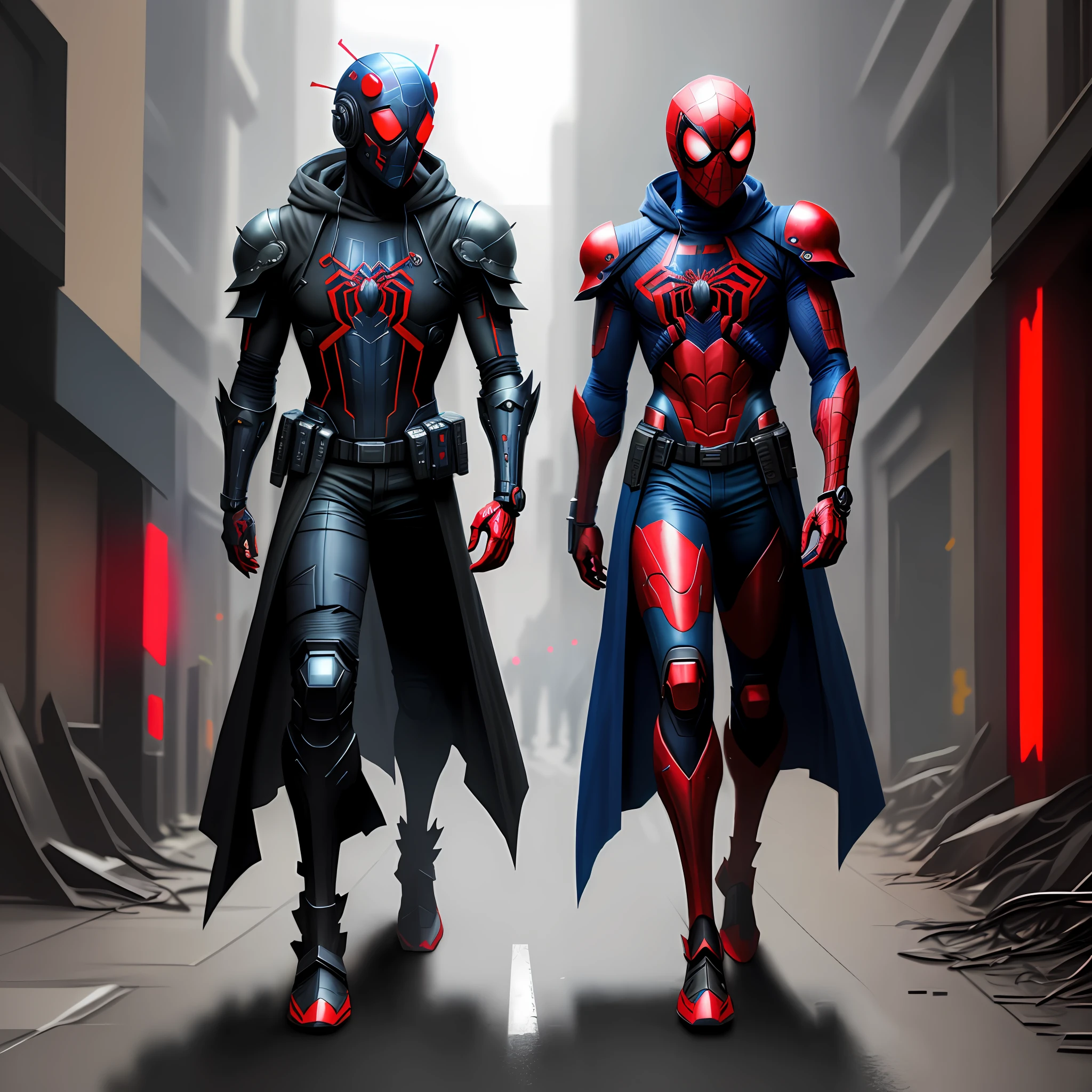 Guy wearing cyberpunk helmet armor red and blue fullbody spider logo on chest fullbody cuffs on ankles concept art class on wrists