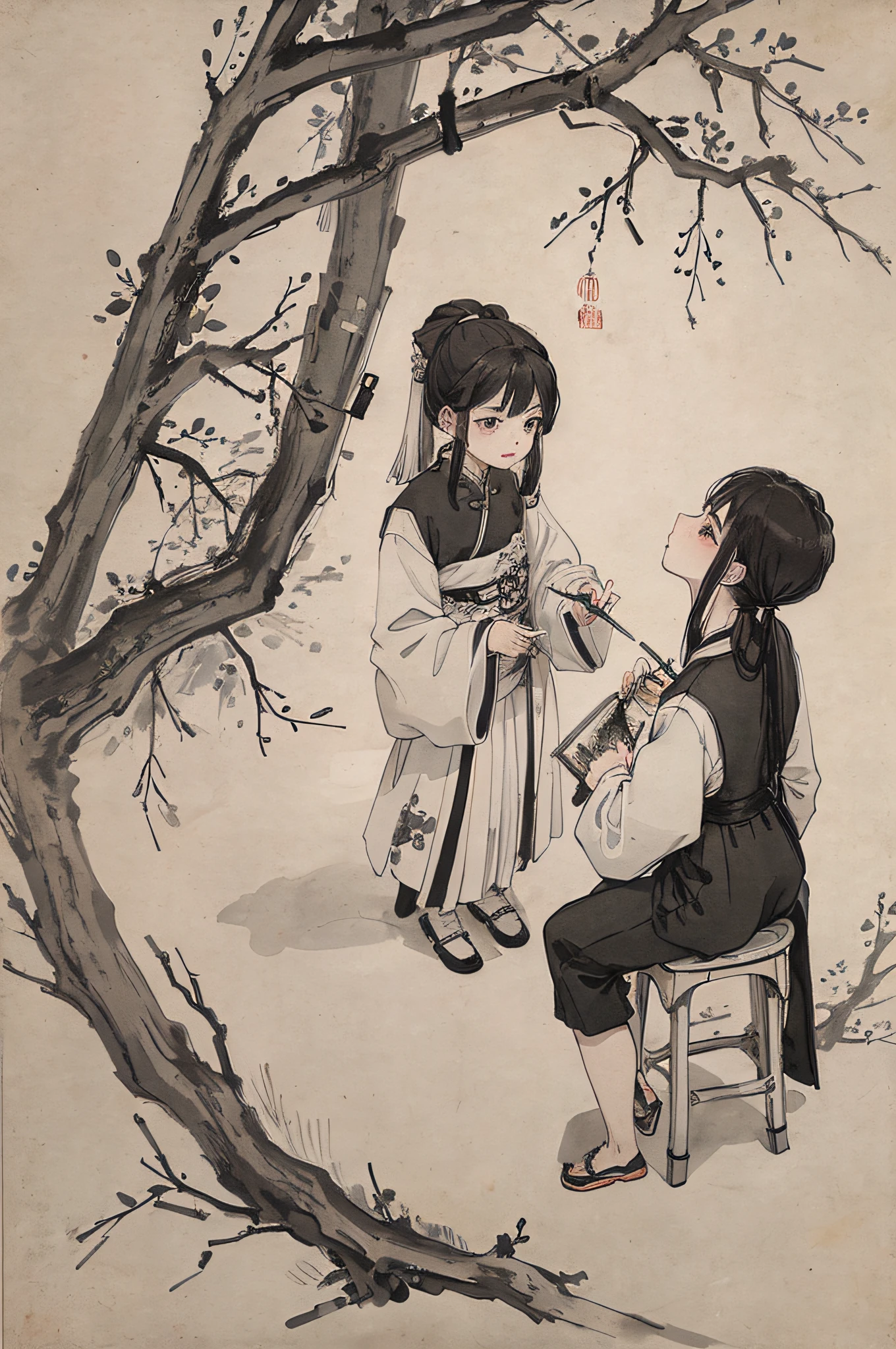 (Masterpiece, best quality: 1.2), traditional Chinese ink painting, a child, pipa