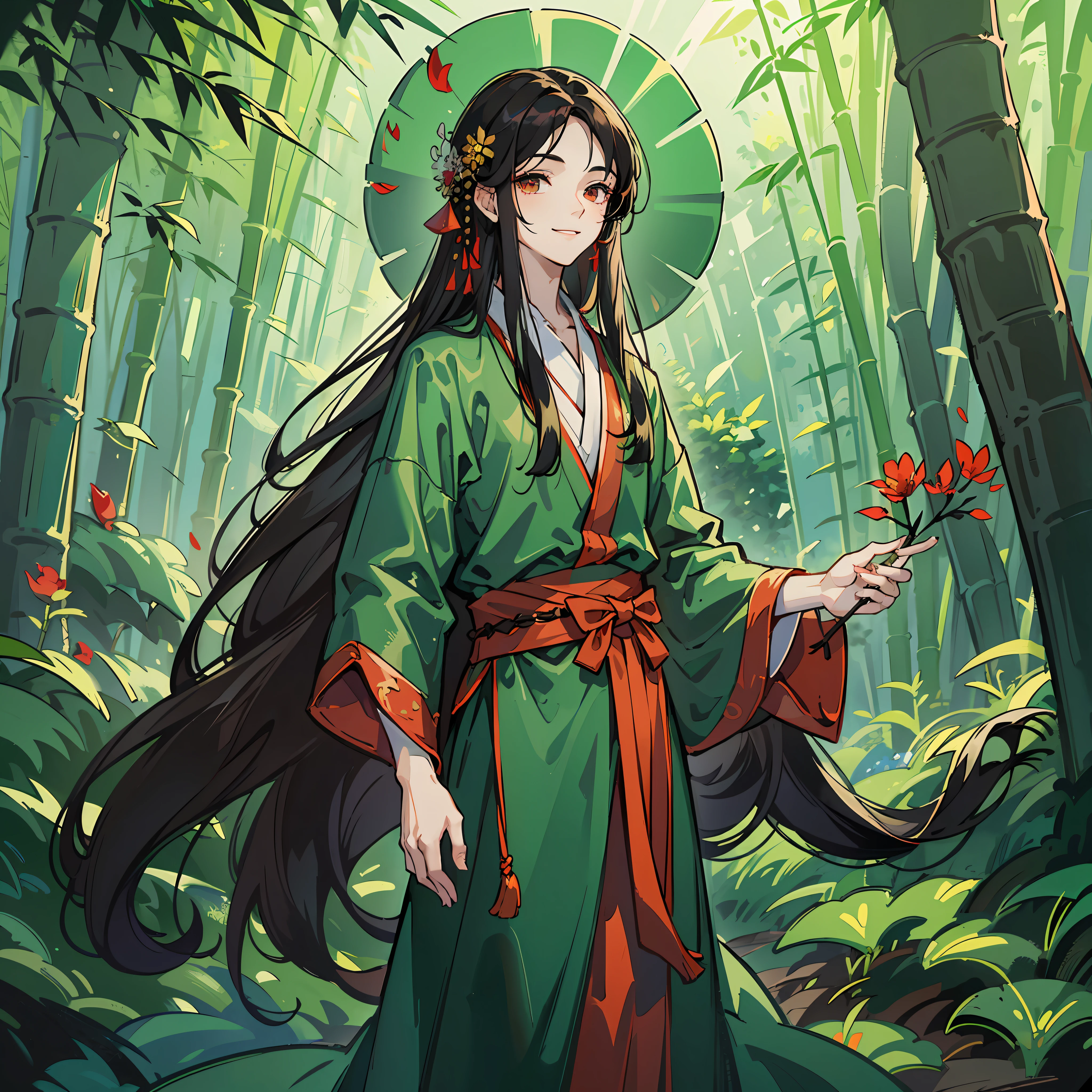 masterpiece, best quality, full body, boy, long hair, black hanfu, white fan, black hair, green jade pendant, sunlight, smile, red silk belt, eyebrows visible through hair, jewelry, long hair, looking at the viewer, landscape painting, sky, bamboo forest, flower petals, Illustrations, ancient --auto --s2