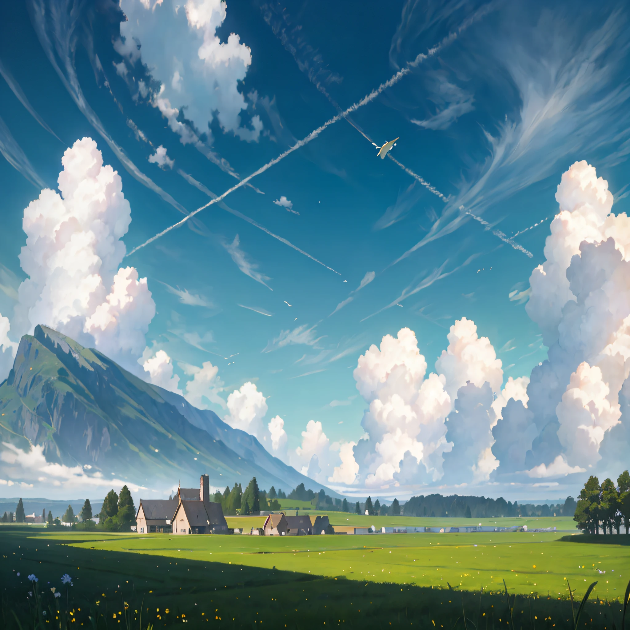 Summer, meadows, heavenly views, large clouds, blue skies, hot weather, green field, a small village far away, HD detail, wet watermarks, hyper-detail, cinematic, surrealism, anime, soft light, deep field focus bokeh, ray tracing, and surrealism. --v6