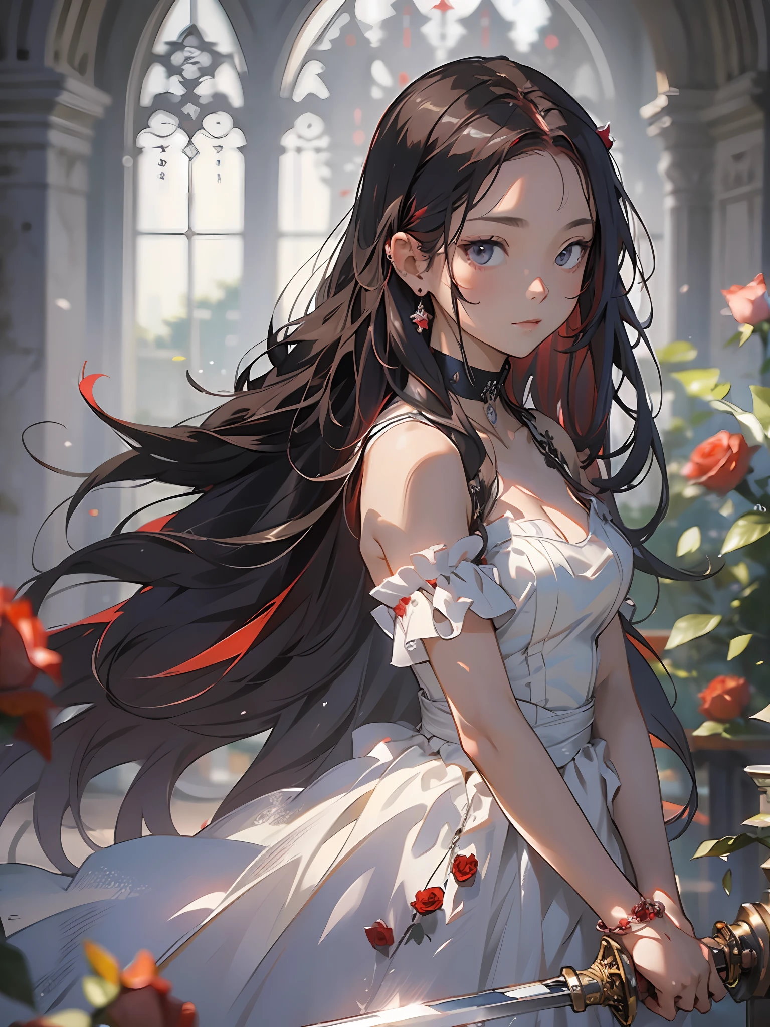 (masterpiece best quality:1.4), anime, 1girl, solo, black|red hair, long hair, sword, hands on hilt, weapon, white wedding dress, aiming at viewers, blurry background, blurry, jewelry, long hair, solo focus, chain, bracelet, standing, bare shoulders, holding, floating rose petal, rose, blood, long dress, choker, depth of field, soft lighting,