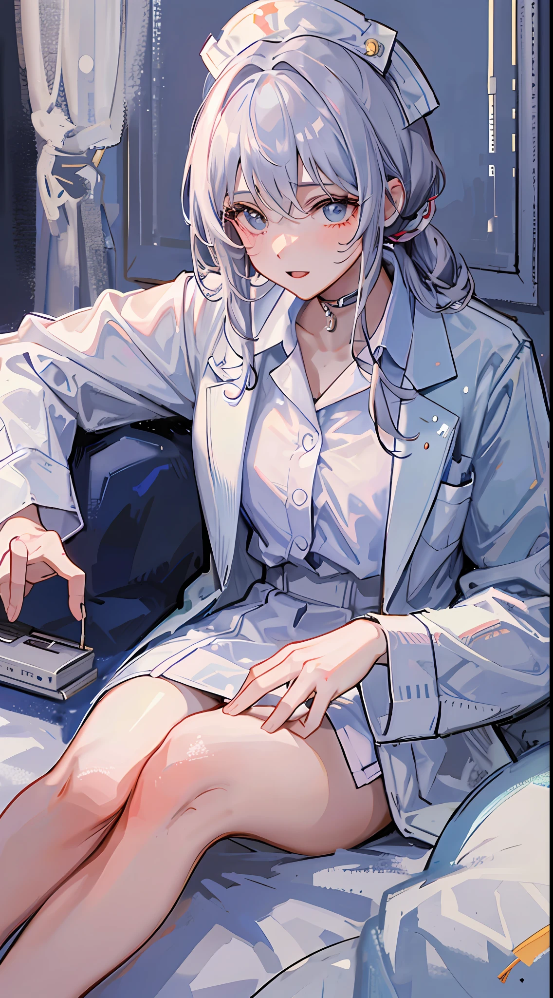 The girl, dressed in a white nurse's outfit, sat on the bed, holding a man and a male doctor behind her