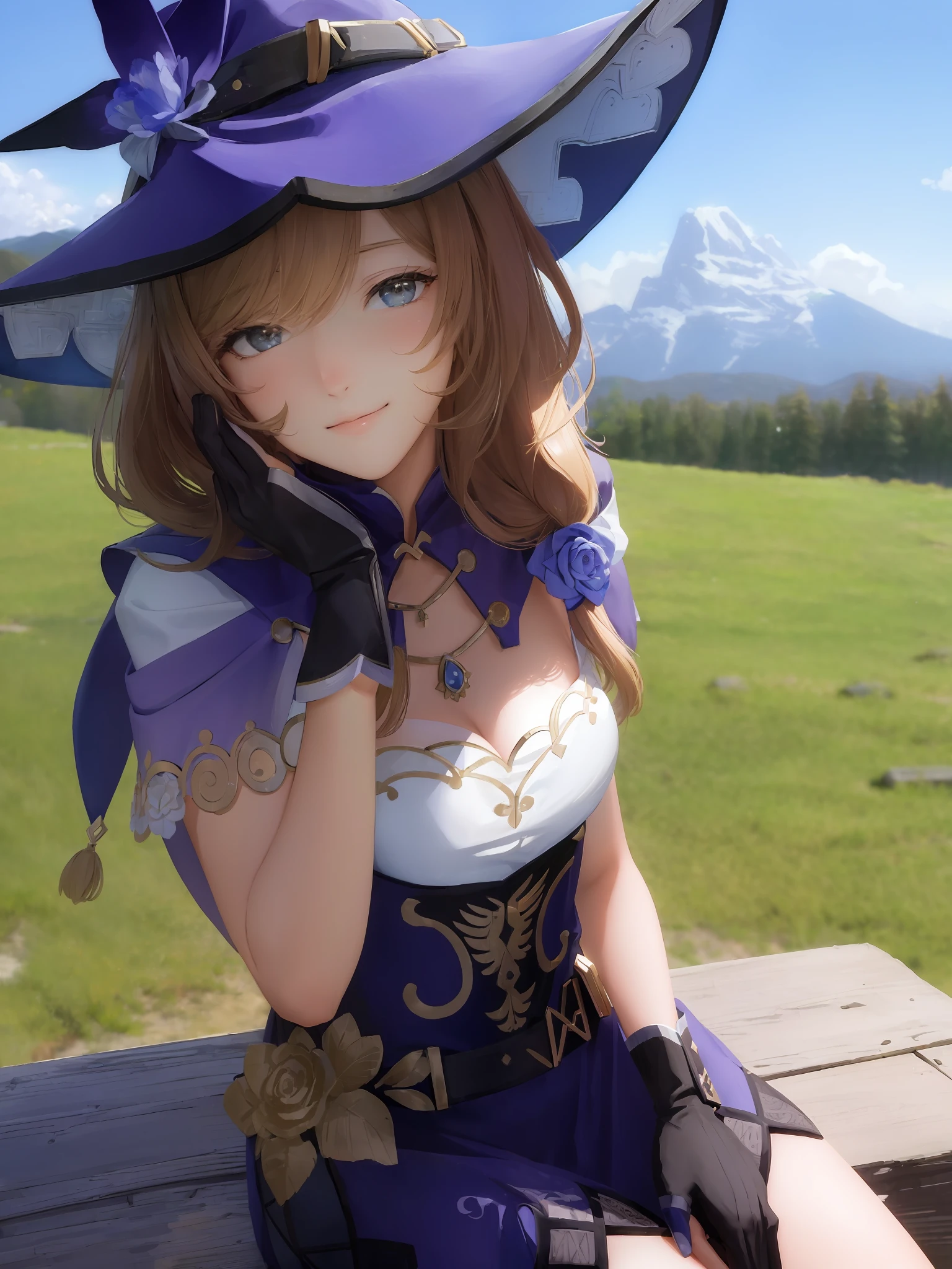 (masterpiece:1.5), best quality, extremely beautiful detailed anime face, depth of field, ultra-detailed, lisadef, upper body, smile, blush, outdoors, day, scenery, blue sky, short hair, sky, temple, looking at viewer, stairs, mountain, moody lighting, facing viewer,