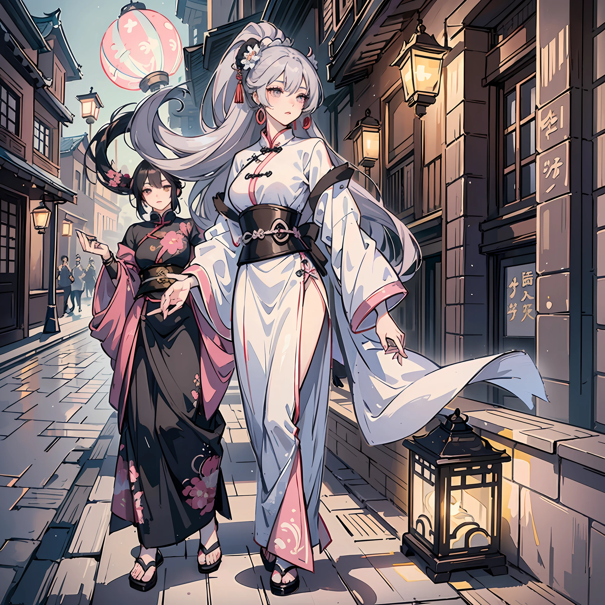 Masterpiece: Superb Night Moon Full Moon 1 Female Mature Woman Chinese Style, Ancient Chinese Sister, Royal Sister, Cold Face, Silver White Long Haired Woman, Light Pink Lips, Calm and Intellectual, Three Banded Gray Primary School Student Assassin Lantern Flower Ball Background, Stroll Street Scene --auto --s2