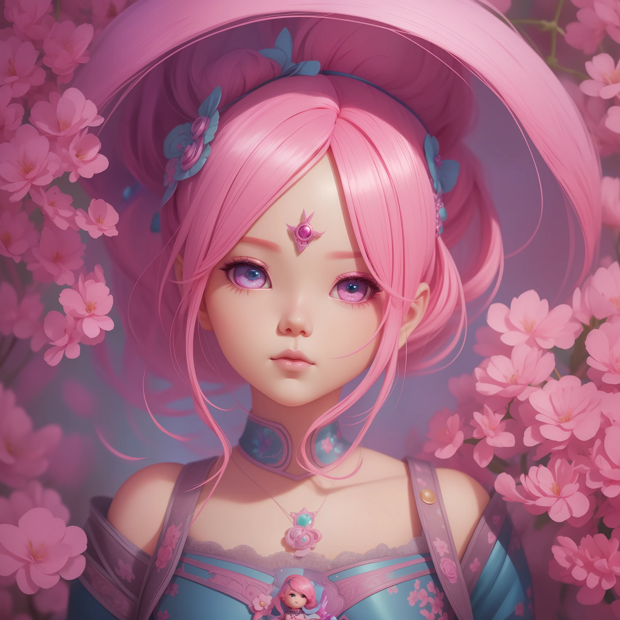 There is a close-up of a doll with pink hair, cute digital painting, cute detailed digital art, beautiful digital artwork inspired by Ross Tran, Ross Tran style, Rossdraws digital painting, beautiful character painting, beautiful digital illustration, Rossdraws global illumination, Ross Tran 8 K, Artgerm and Atey Ghailan