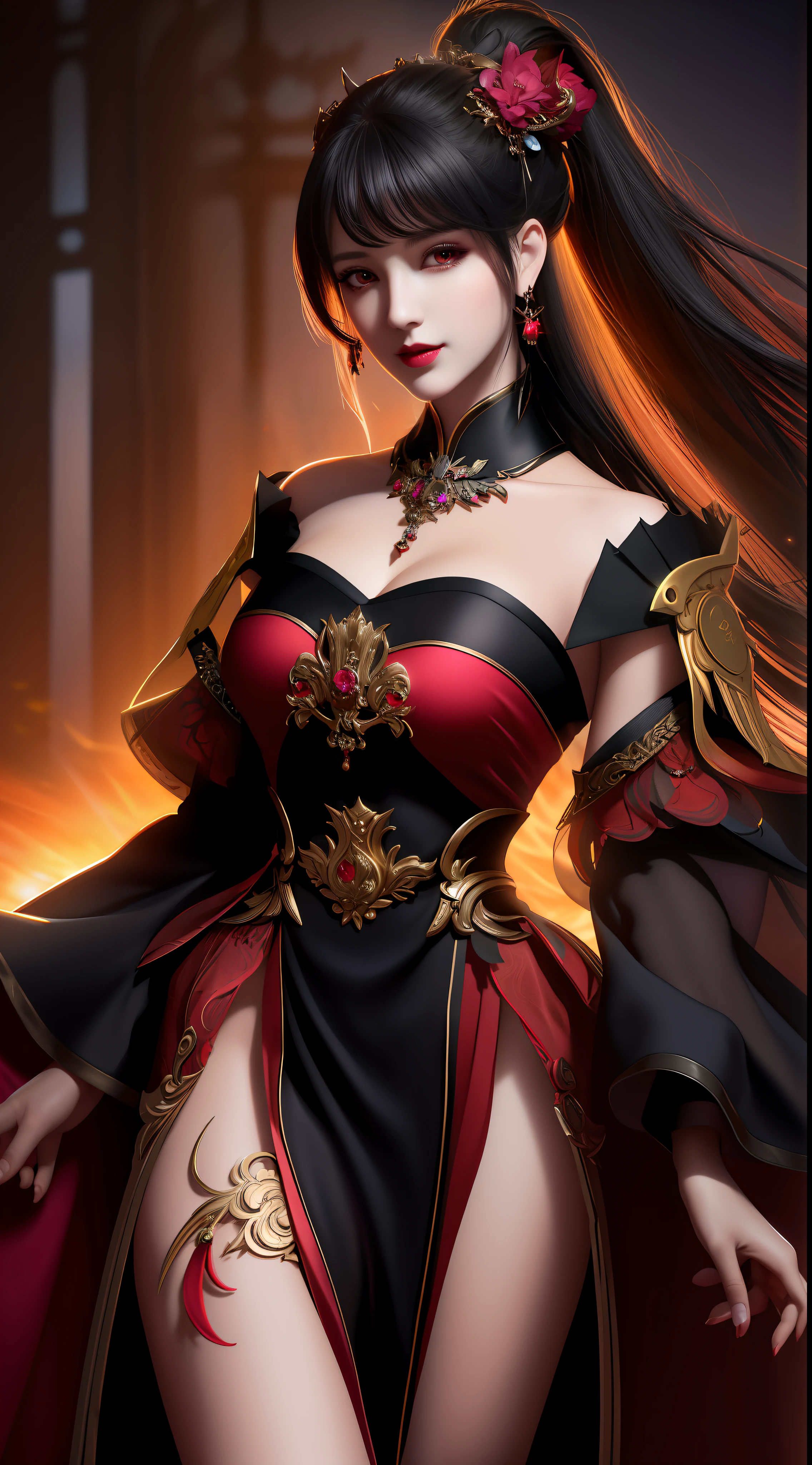 best quality, masterpiece, highres, 1girl, lingerie china armor, hair ornament, necklace, jewelry, Beautiful face, upon_body, tyndall effect, photorealistic, dark studio, rim lighting, two tone lighting, (high detailed skin:1.2), 8k uhd, dslr, soft lighting, high quality, volumetric lighting, candid, Photograph, high resolution, 4k, 8k, Bokeh, medium breasts, (light pink lips), 1 beautiful devil woman from hell, In the Dark: 1.6), surreal female portrait by David Hockney and Alphonse Mucha, fantasy art, korea doll, photorealism, dynamic lighting, artstation, poster, volumetric lighting, very detailed faces, 8k ultra, Awarded, in the dark, deep shadow, low key, cowboy lens, (Red phoenix dress: 1.4), long hair, black hair, bust, luxurious palace, Royal style, devil crown, red eyes make up very sharp and detailed, The most beautiful face, The breasts are very big and round and round, Super realistic, chinese women's clothing, polo neck sweater, Charming smile, The eyes are very well made up, guweiz, devil style, wearing black mesh socks, Ponytail with a bow tied at the back of the hair, Red black lips, Devil tattoo on shoulder, wearing a thin red and black robe, the landscape is overcast and thunderous, (Portrait), Close-up of the main character, (Background details 1.8),