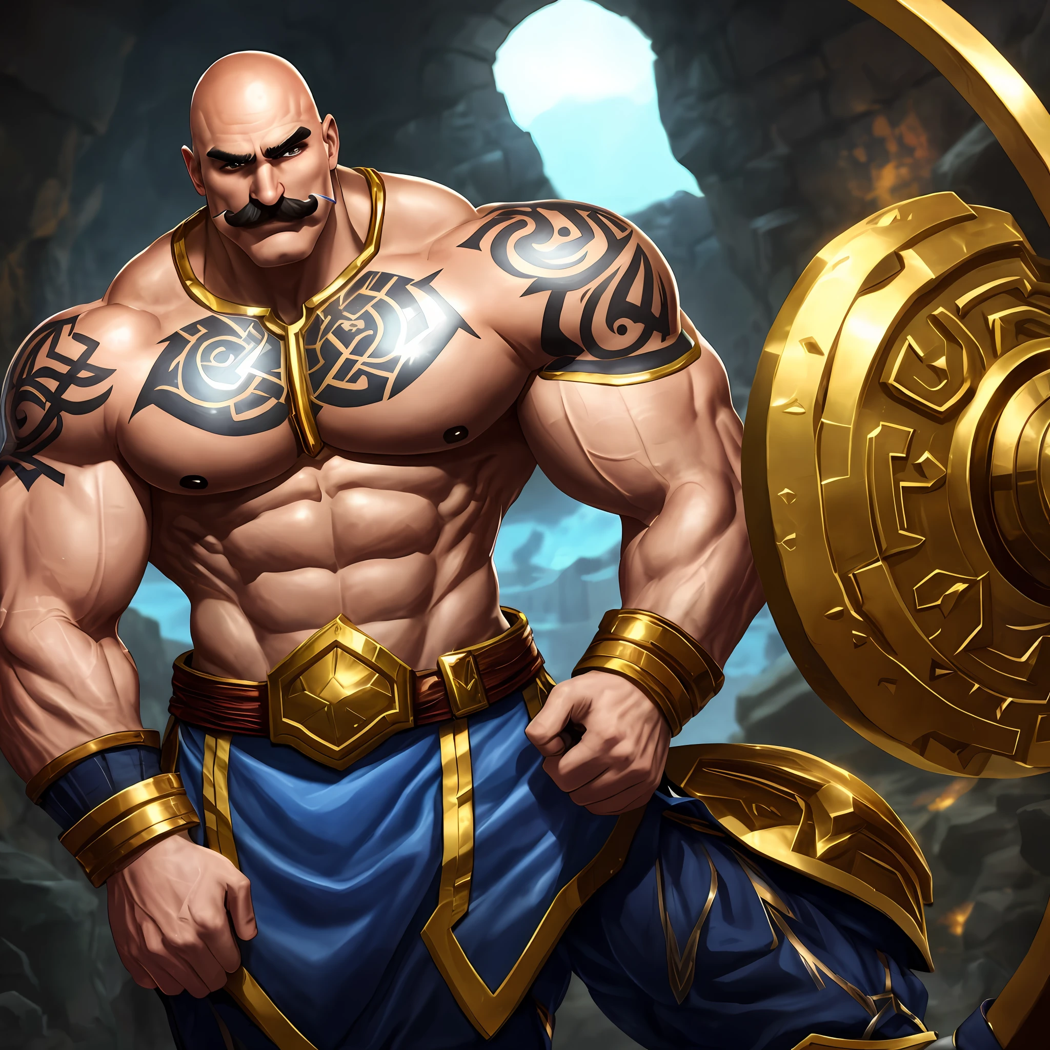 Braum from League Of Legends holding his door, wearing armored golden plates pant, muscular, hunk, big body, bara, bald, big black moustache, no bread, happy face, runic tattoos on his left chest and left arm, high resolution