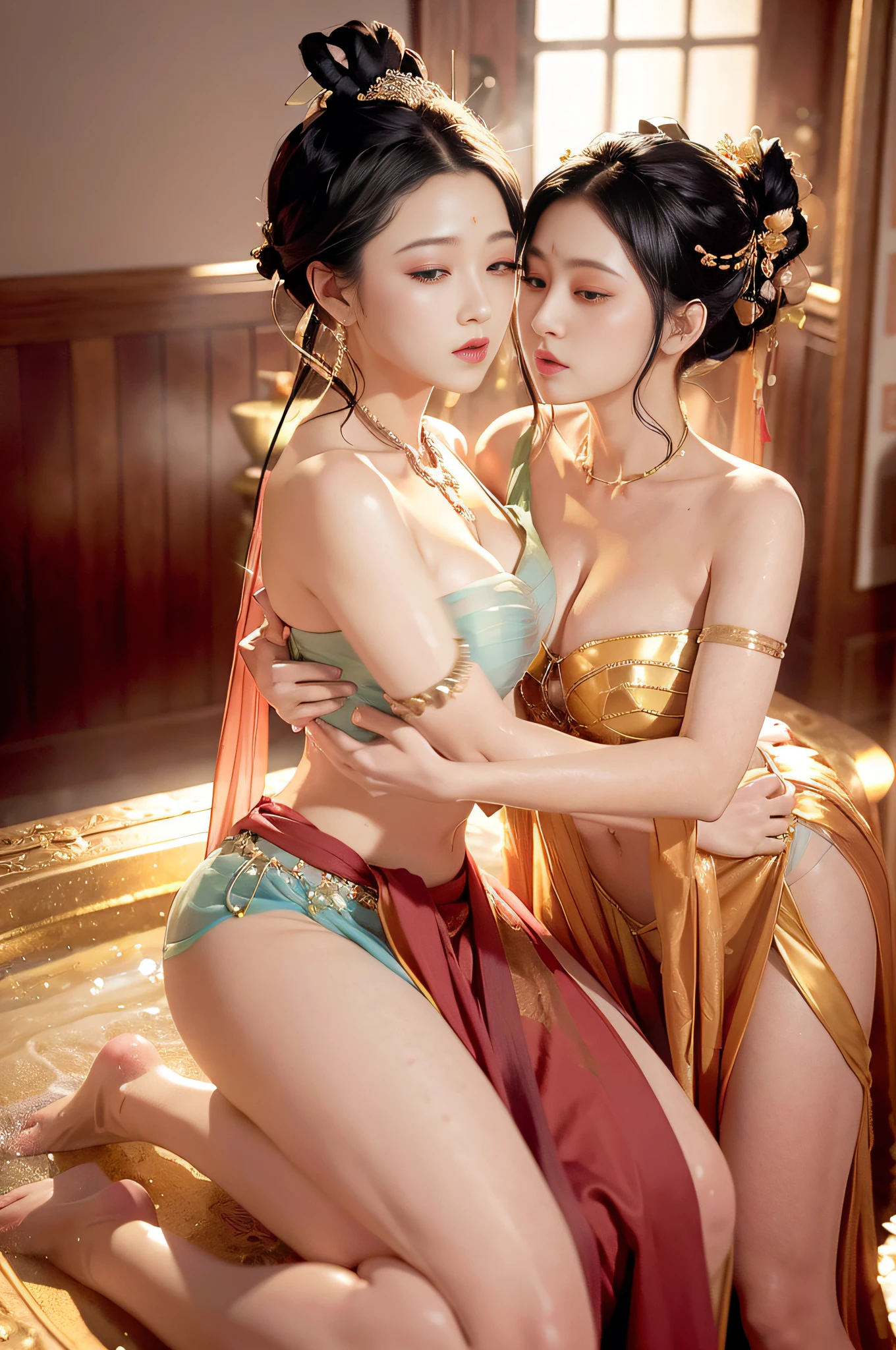 Very detailed CG unity 8k wallpaper, (masterpiece), (best quality), (ultra-detailed), (ultra-realistic), (best character detail: 1.36), Nikon d750 f/1.4 55mm, dynamic angle, professional lighting, photon mapping, radiosity, physically based rendering, blush, 1girl, mature woman,, golden ratio, (Kpop idol), (oil skin: 1.2), (oil skin: 1.1), makeup, [:(high Detailed face:1.2):0.2]:,PureErosFace_v1, ((curly black hair and delicate style)), (aegyo sal:1), (puffy eyes), (eyelashes: 1.1), (lips: 1.1), red lipstick, wide shoulders, (big breasts: 1.1), (cleavage: 1.1), sexy, drenched, bare shoulders, bare belly, (big ass: 1.2), bare legs, transparent silk gauze skirt, ?????, see-through, Song dynasty, Song clothing , hyper-realistic photo, a man and a woman, (couple cuddling), ?????, kneeling, legs open, buttocks exposed, transparent, kissing, bathing, (bathing), woods, full body