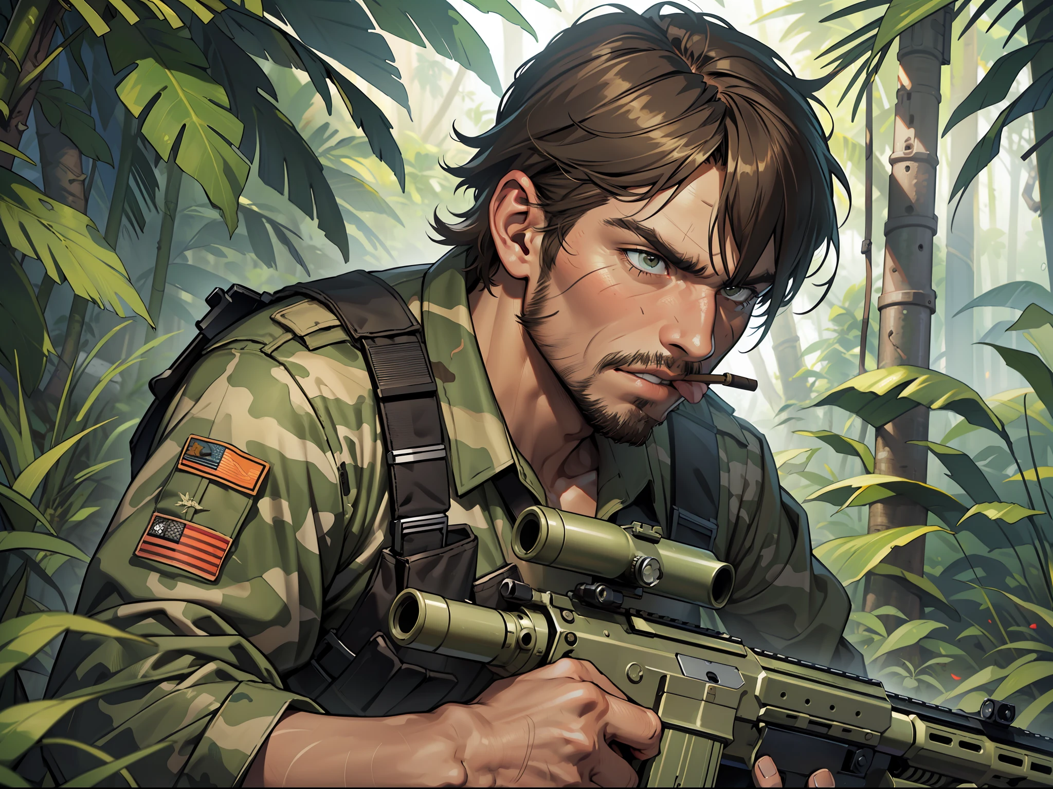 ((masterpiece)). ((best quality)), ((highres)), male focus, private military contractor, solder, mercenary, jungle camouflage battle dress uniform, cigar, aiming and firing an m16 rifle, assault rile, m16a2, intense look on his face, brown hair, short hair, assault vest, jungle backdrop, gritty war atmosphere --auto --s2