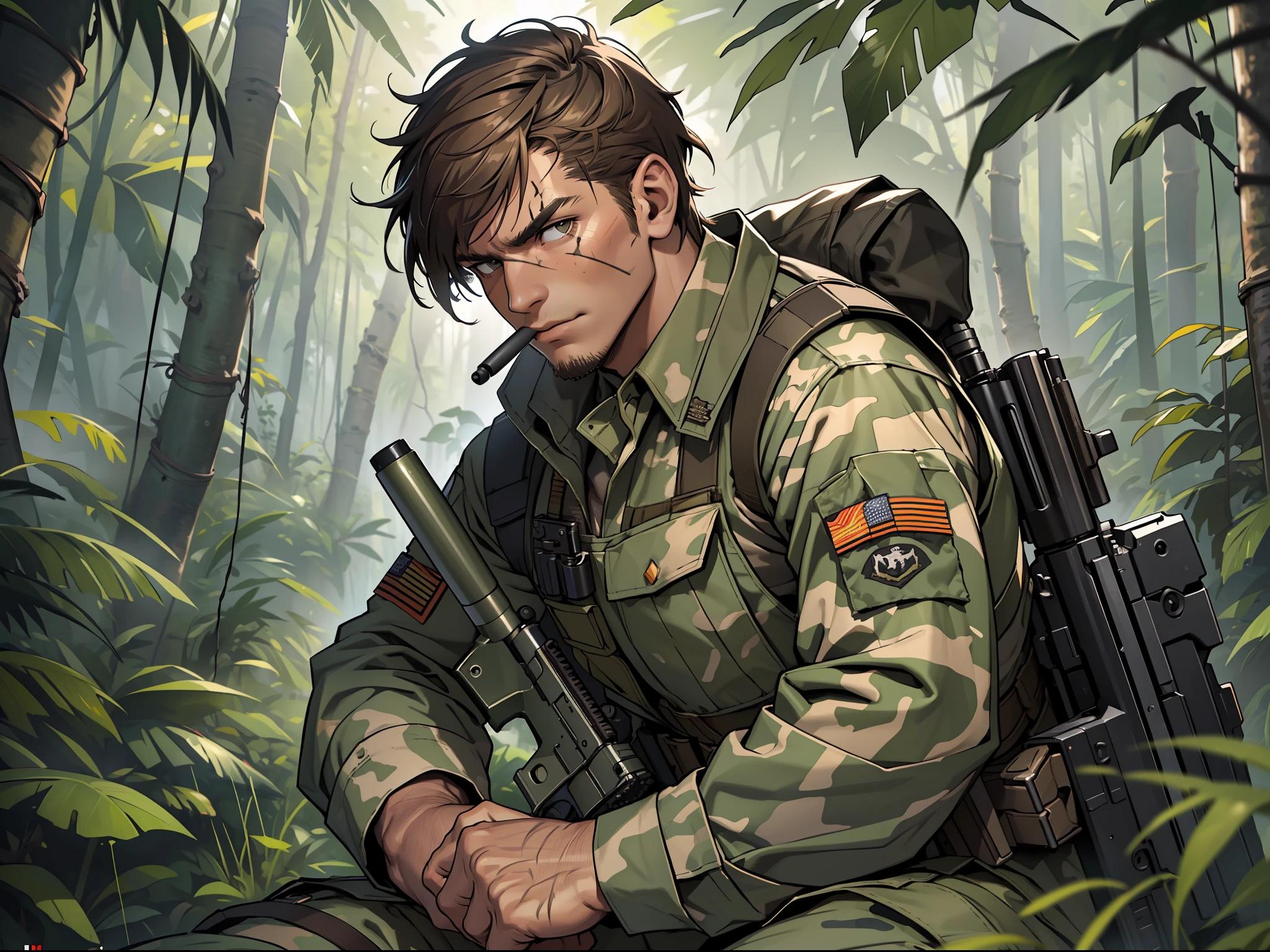 ((masterpiece)). ((best quality)), ((highres)), male focus, private military contractor, solder, mercenary, jungle camouflage battle dress uniform, cigar, aiming and firing an m16 rifle, assault rile, m16a2, intense look on his face, brown hair, short hair, assault vest, jungle backdrop, gritty war atmosphere --auto --s2