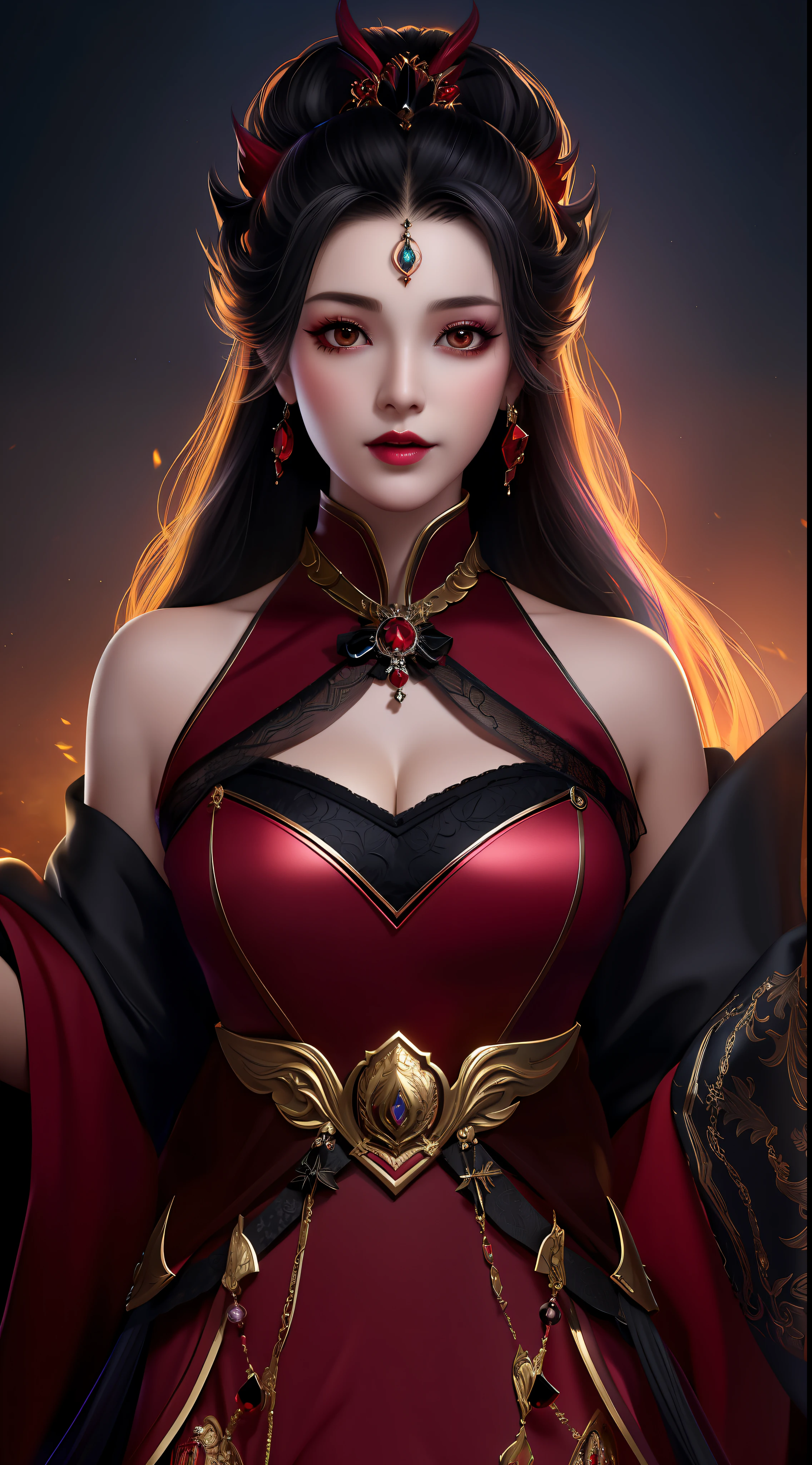 best quality, masterpiece, highres, 1girl, lingerie china armor, hair ornament, necklace, jewelry, Beautiful face, upon_body, tyndall effect, photorealistic, dark studio, rim lighting, two tone lighting, (high detailed skin:1.2), 8k uhd, dslr, soft lighting, high quality, volumetric lighting, candid, Photograph, high resolution, 4k, 8k, Bokeh, medium breasts, (light pink lips), 1 beautiful devil woman from hell, In the Dark: 1.6), surreal female portrait by David Hockney and Alphonse Mucha, fantasy art, korea doll, photorealism, dynamic lighting, artstation, poster, volumetric lighting, very detailed faces, 8k ultra, Awarded, in the dark, deep shadow, low key, cowboy lens, (Red phoenix dress: 1.4), long hair, black hair, bust, luxurious palace, Royal style, devil crown, red eyes make up very sharp and detailed, The most beautiful face, The breasts are very big and round and round, Super realistic, chinese women's clothing, polo neck sweater, Charming smile, The eyes are very well made up, guweiz, devil style, wearing black mesh socks, Ponytail with a bow tied at the back of the hair, Red black lips, Devil tattoo on shoulder, wearing a thin red and black robe, the landscape is overcast and thunderous, (Portrait), Close-up of the main character, (Background details 1.8),