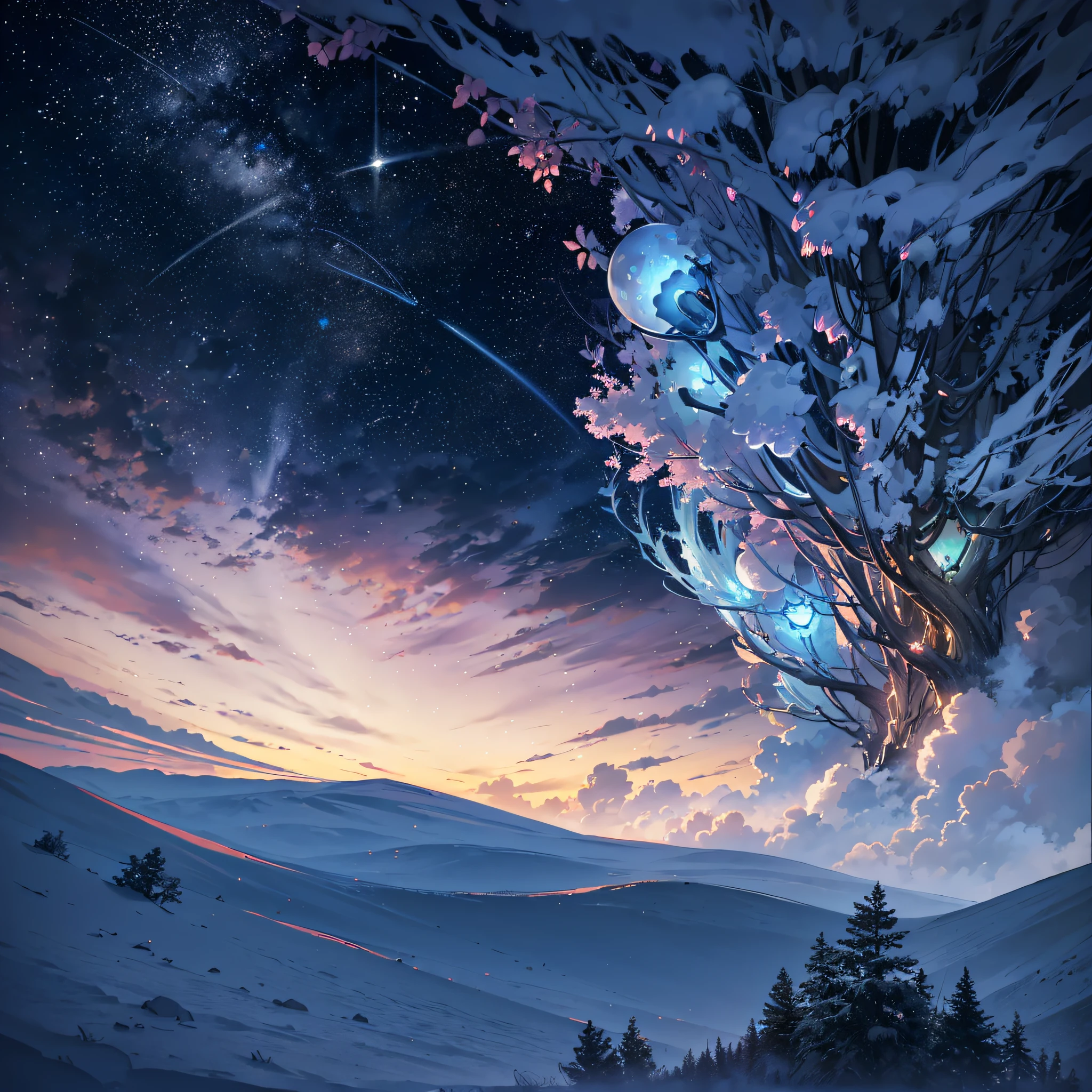 Surreal sunrise landscape photos, (seen from below, sky above, open plain below), oddly shaped alien plants (best quality), 4k, ultra-detailed, (meteor: 0.9), (nebula: 1.3), steep distant mountains, (high quality), Hideous trees (warm source: 1.2), (firefly: 1.2), lamps, lots of purple and orange and blue, intricate detail, volumetric lighting, (best quality), 4k, ultra-detailed, (dynamic composition: 1.4), very detailed, colorful details, (iridescent color: 1.2), (luminous lighting, atmospheric lighting), dreamy, magical, mysterious (solo: 1.2) --auto --s2